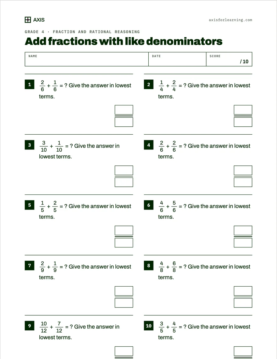 Grade 4 worksheet: add fractions with like denominators
