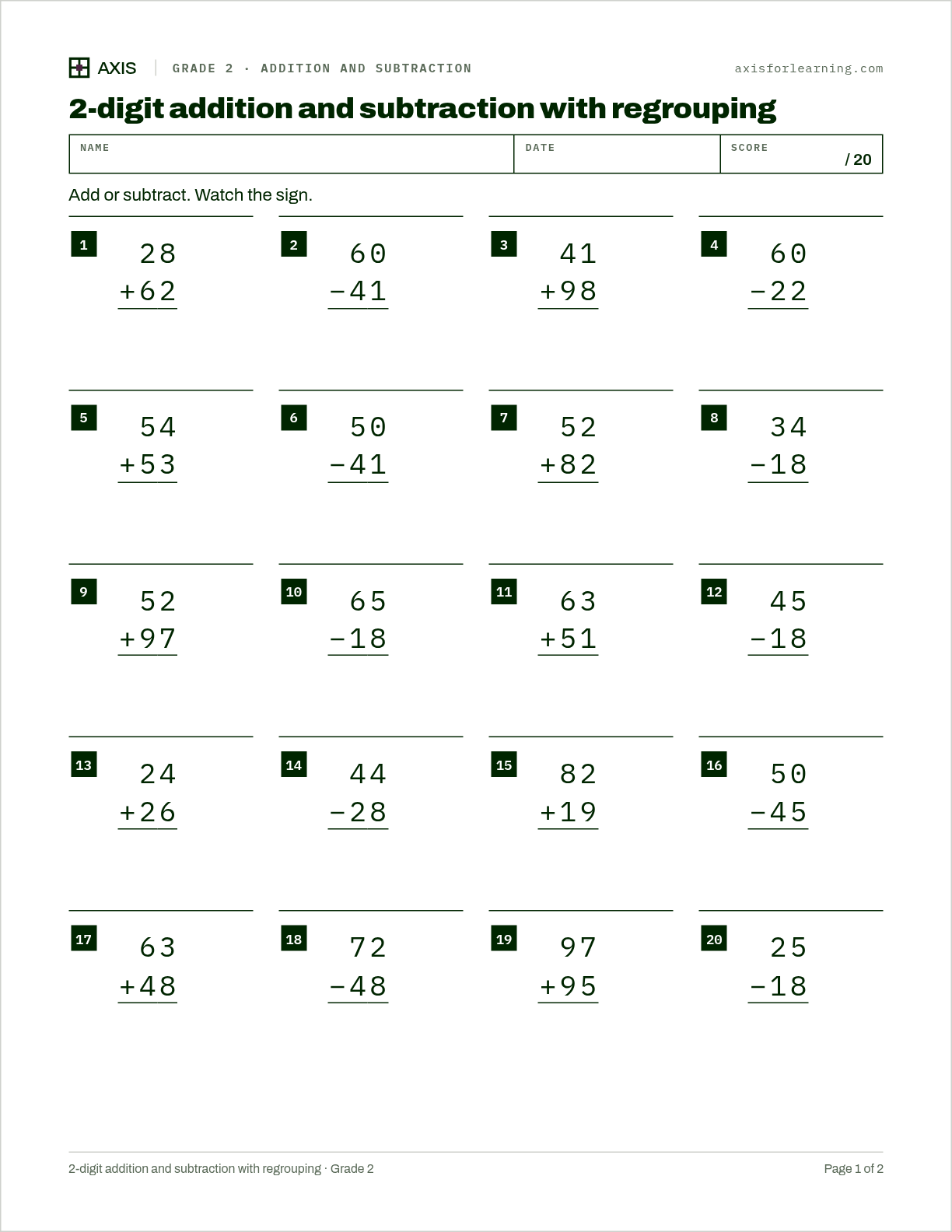 2-digit addition and subtraction with regrouping: first page of the printable worksheet