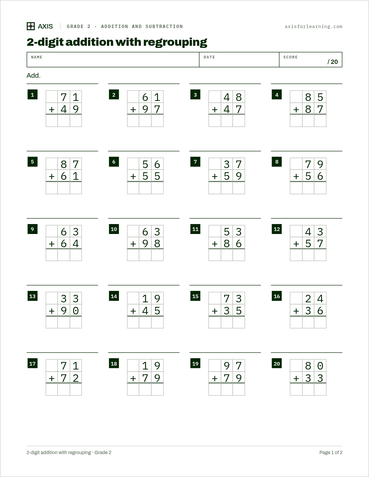 2-digit addition with regrouping: first page of the printable worksheet