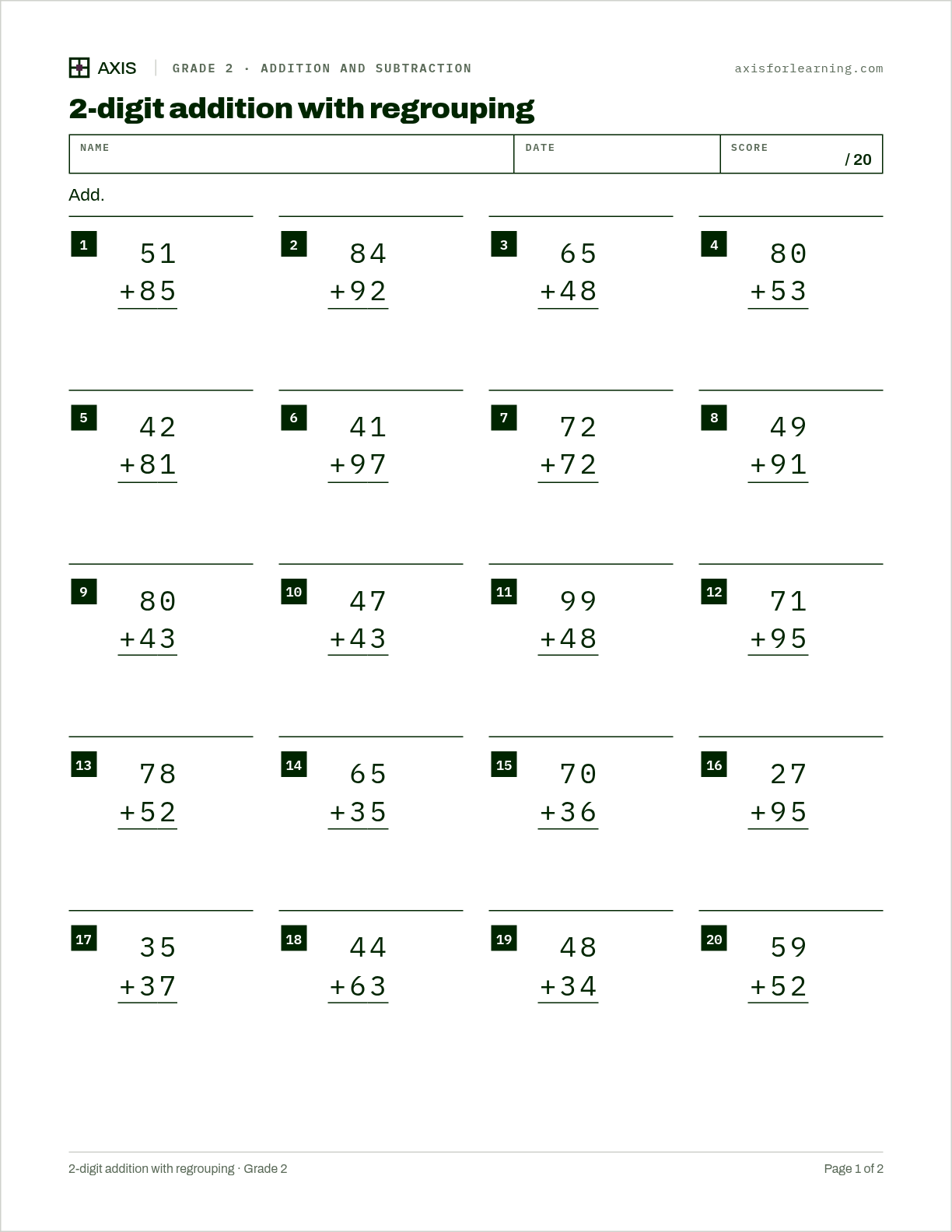 2-digit addition with regrouping: first page of the printable worksheet