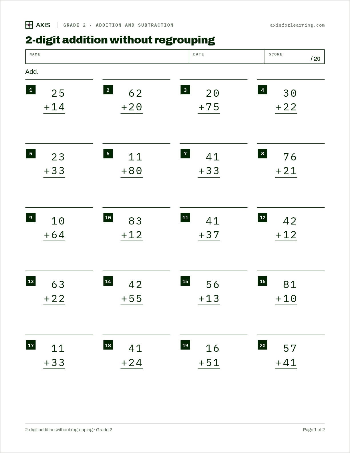 2-digit addition without regrouping: first page of the printable worksheet