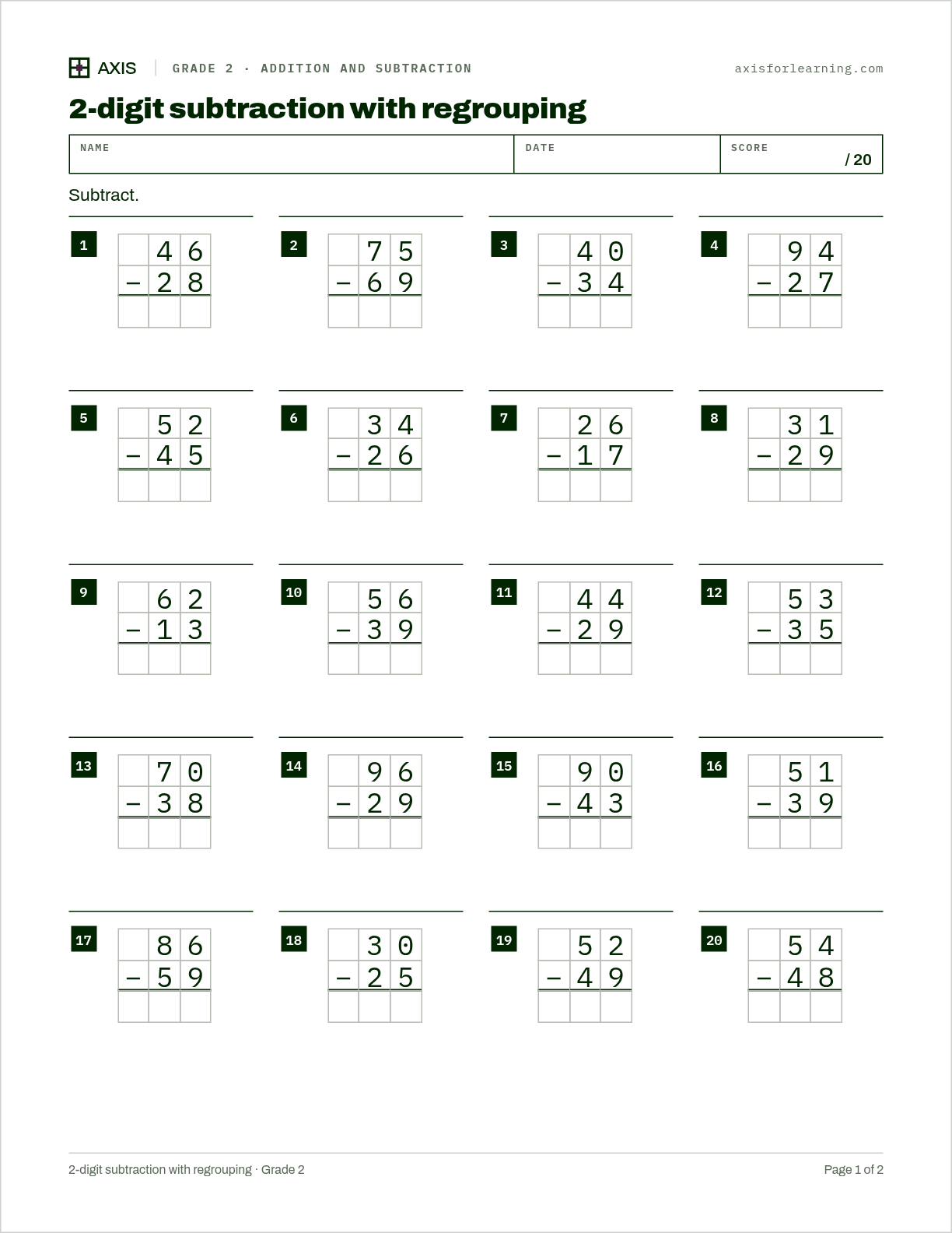 2-digit subtraction with regrouping: first page of the printable worksheet