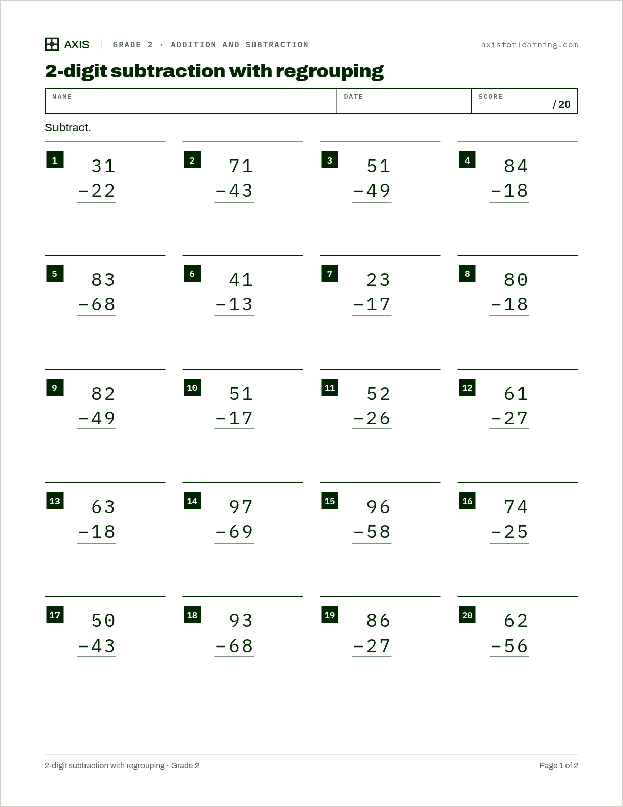 2-digit subtraction with regrouping: first page of the printable worksheet