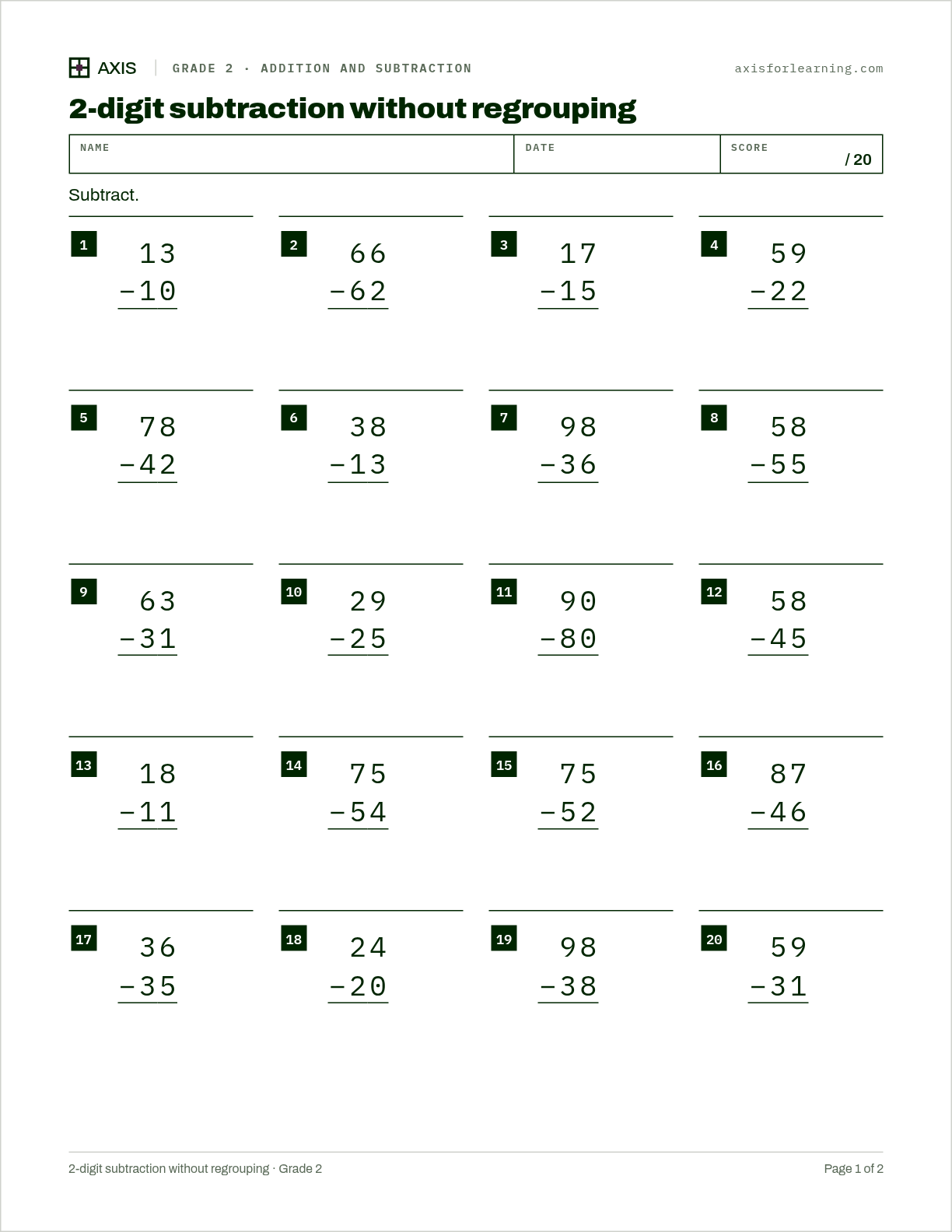 2-digit subtraction without regrouping: first page of the printable worksheet