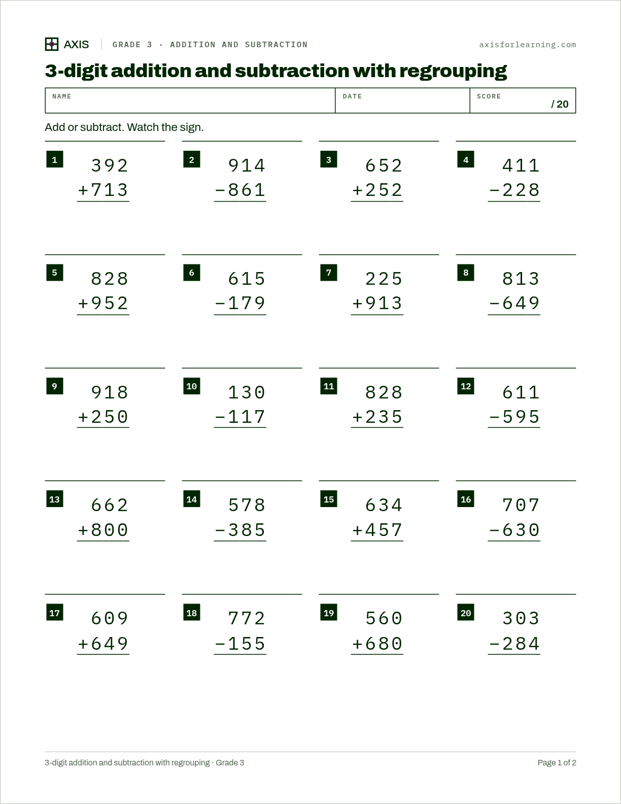 3-digit addition and subtraction with regrouping: first page of the printable worksheet