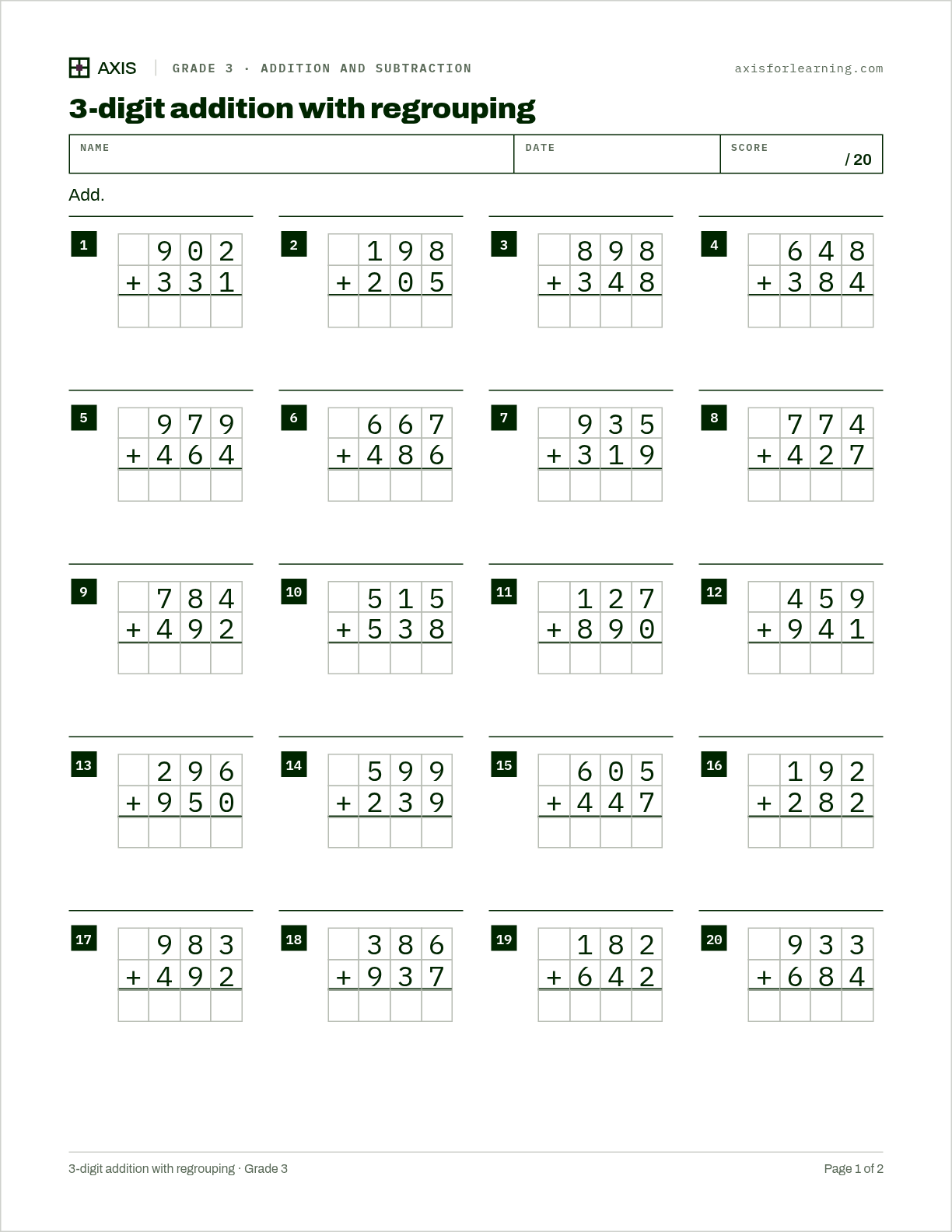 3-digit addition with regrouping: first page of the printable worksheet