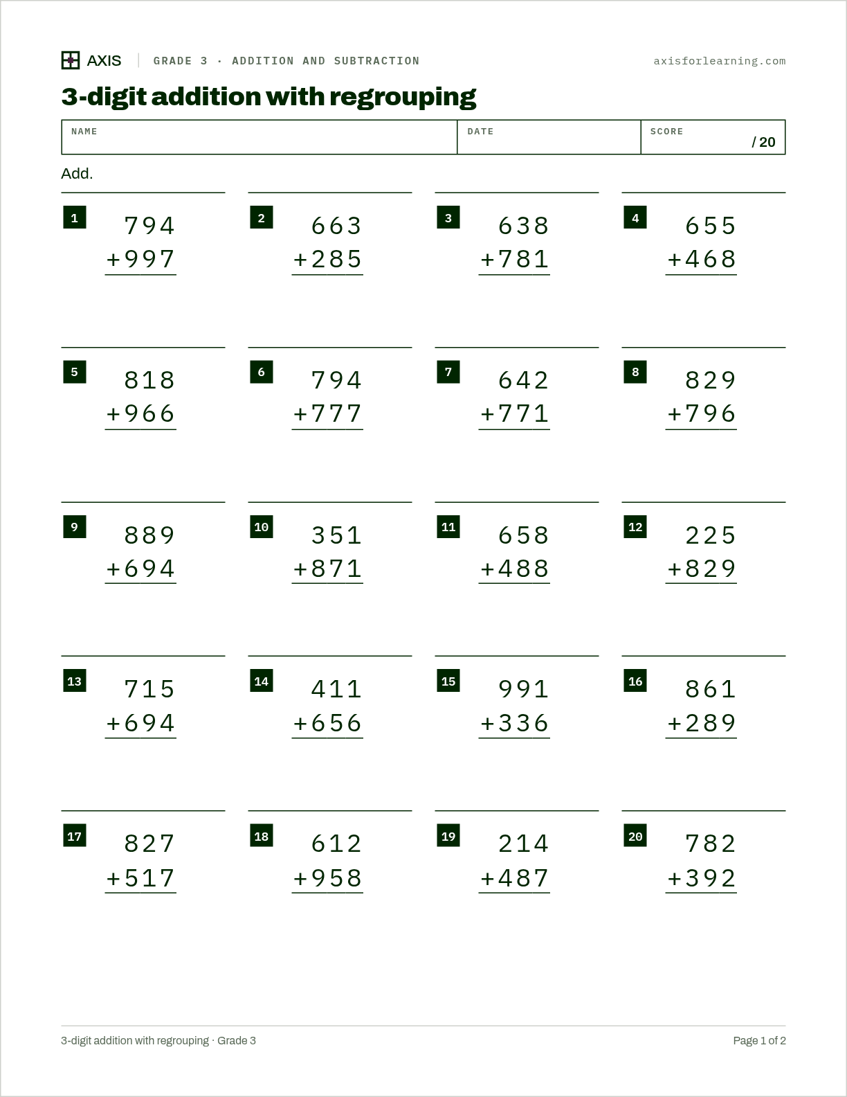3-digit addition with regrouping: first page of the printable worksheet