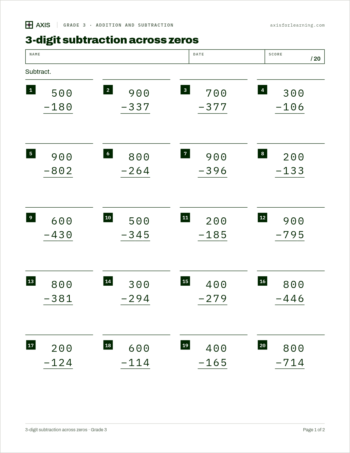 3-digit subtraction across zeros: first page of the printable worksheet