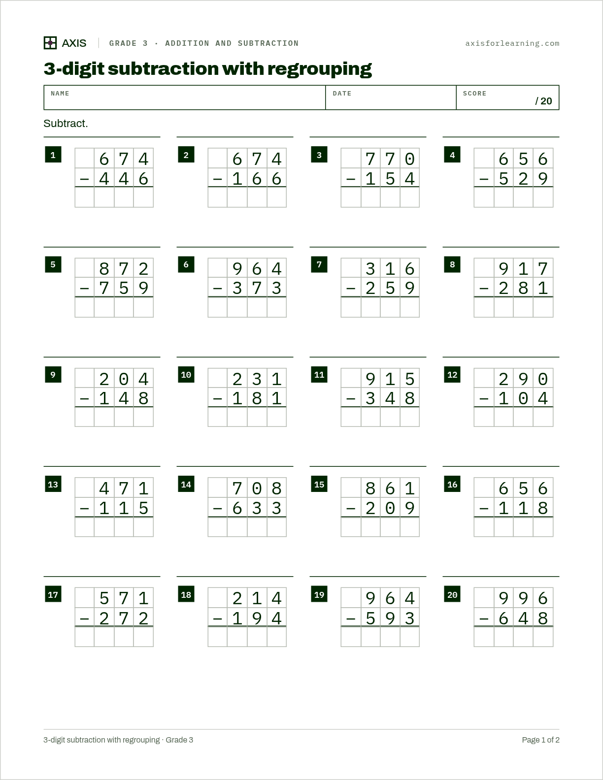 3-digit subtraction with regrouping: first page of the printable worksheet