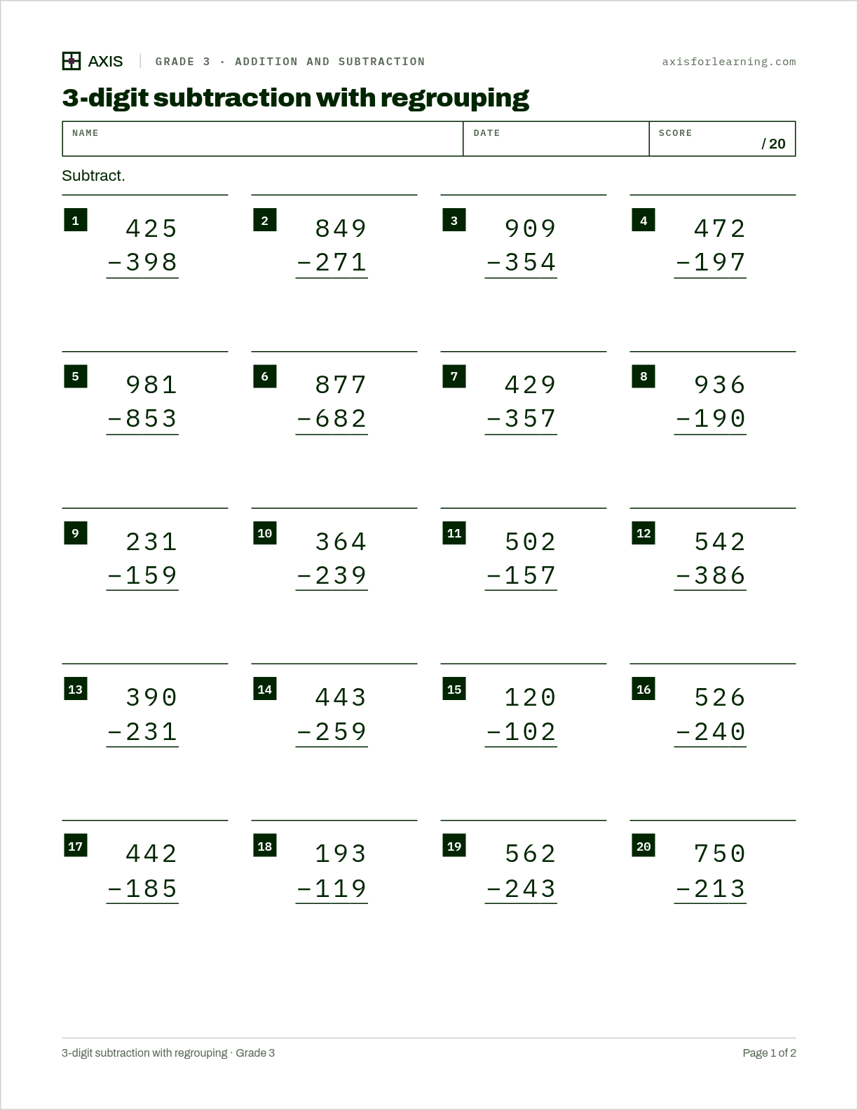 3-digit subtraction with regrouping: first page of the printable worksheet