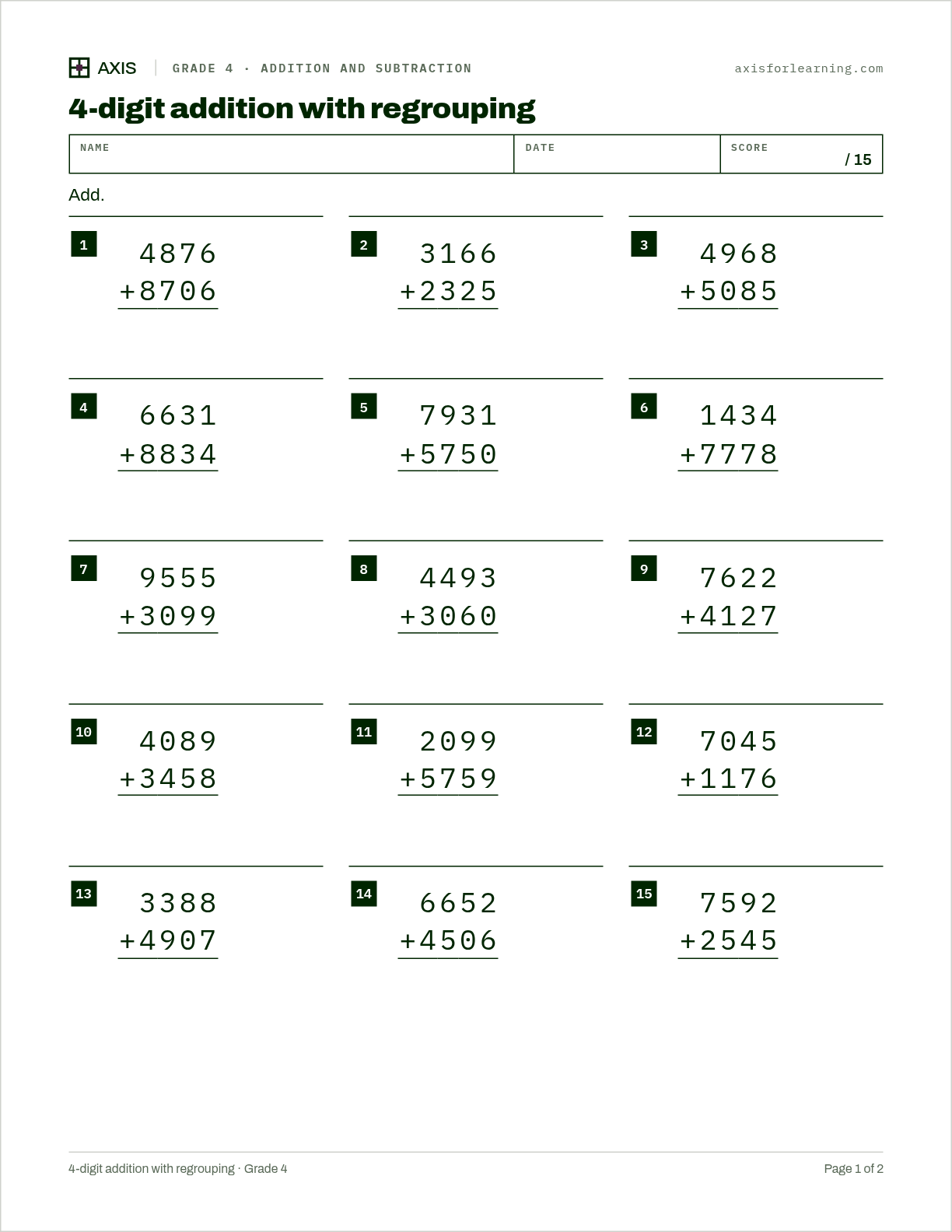 4-digit addition with regrouping: first page of the printable worksheet