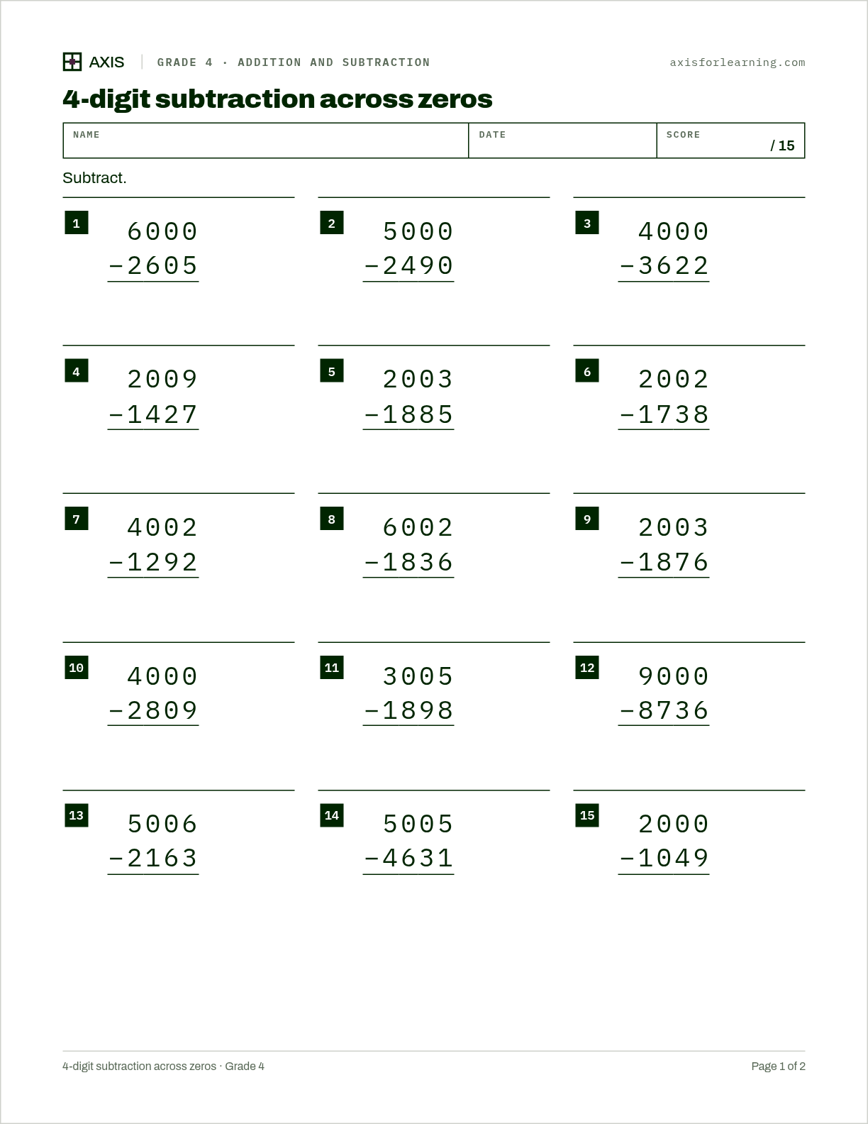 4-digit subtraction across zeros: first page of the printable worksheet