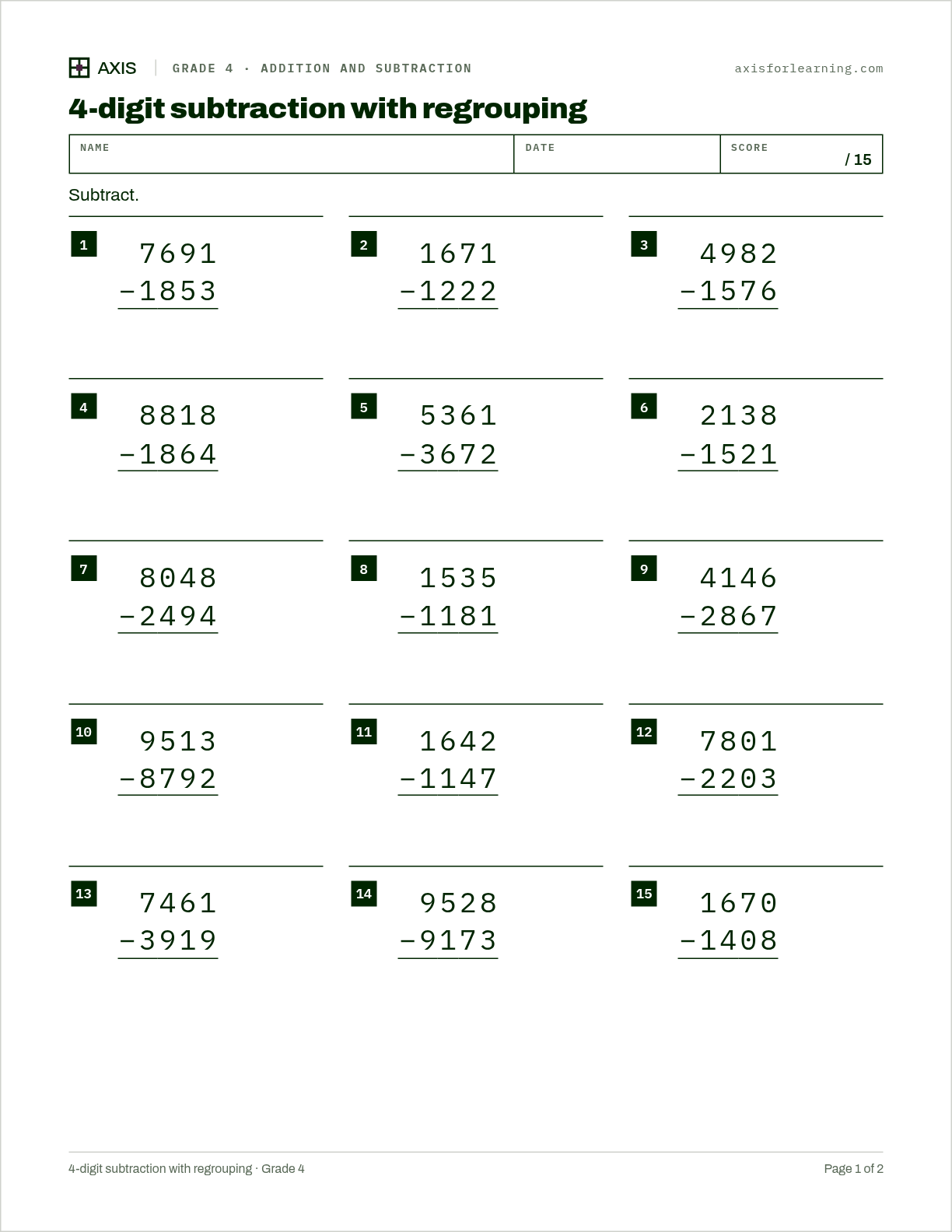 4-digit subtraction with regrouping: first page of the printable worksheet