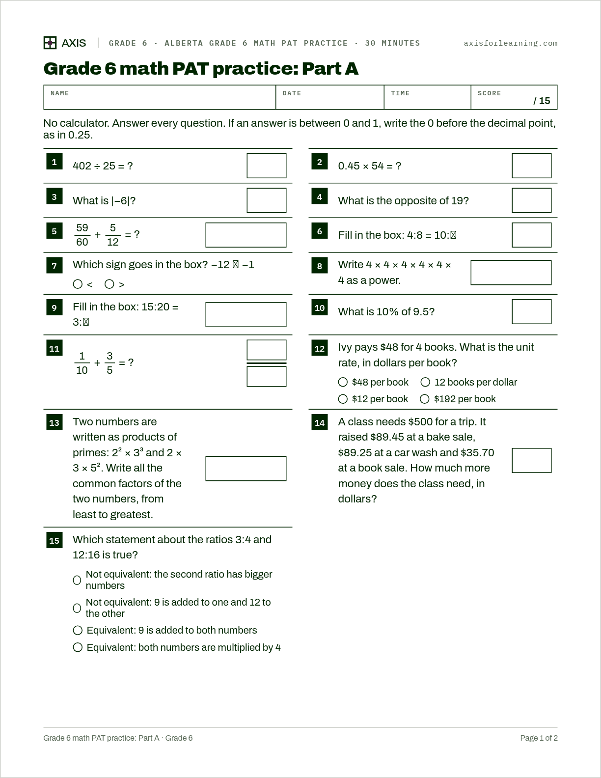 Grade 6 math PAT practice: Part A: first page of the printable worksheet