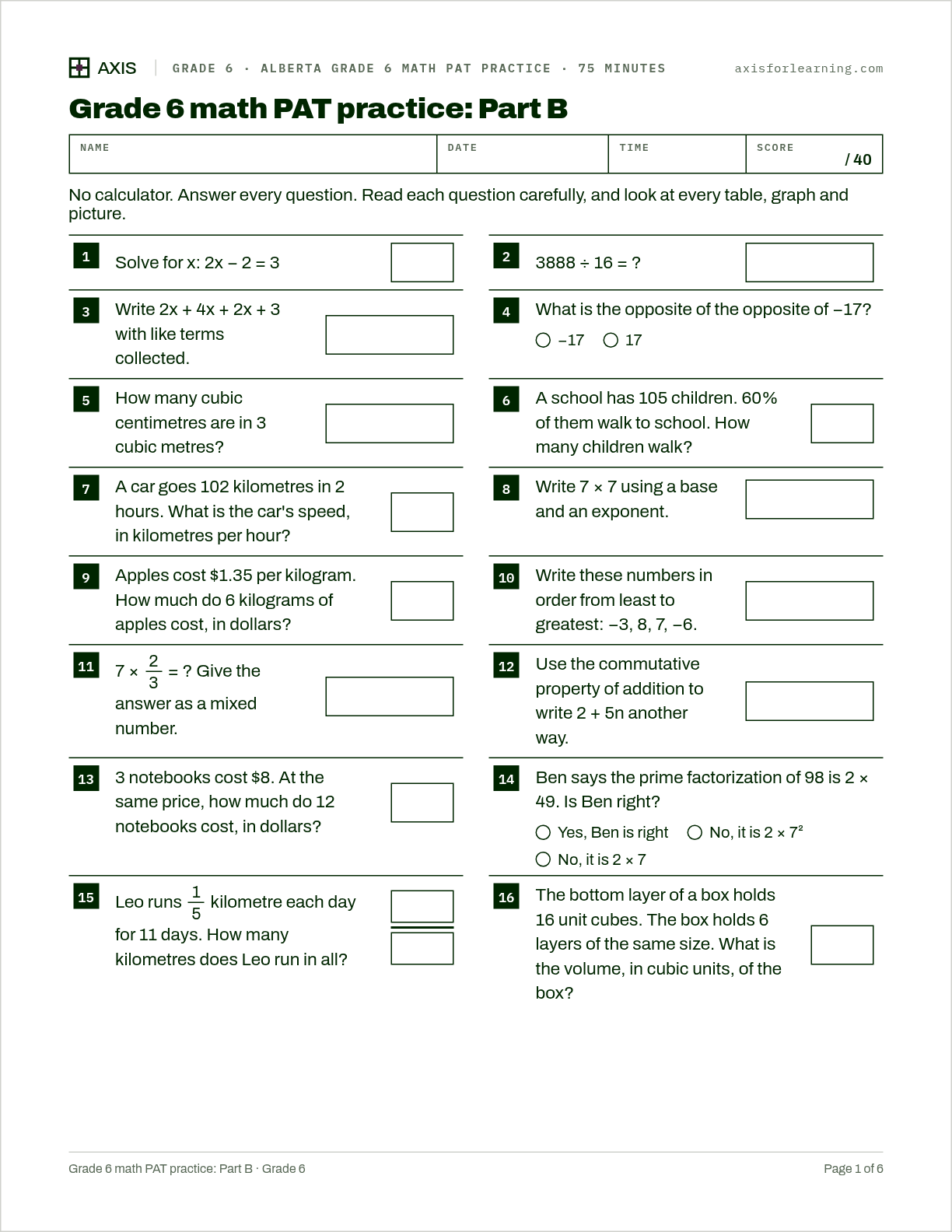 Grade 6 math PAT practice: Part B: first page of the printable worksheet