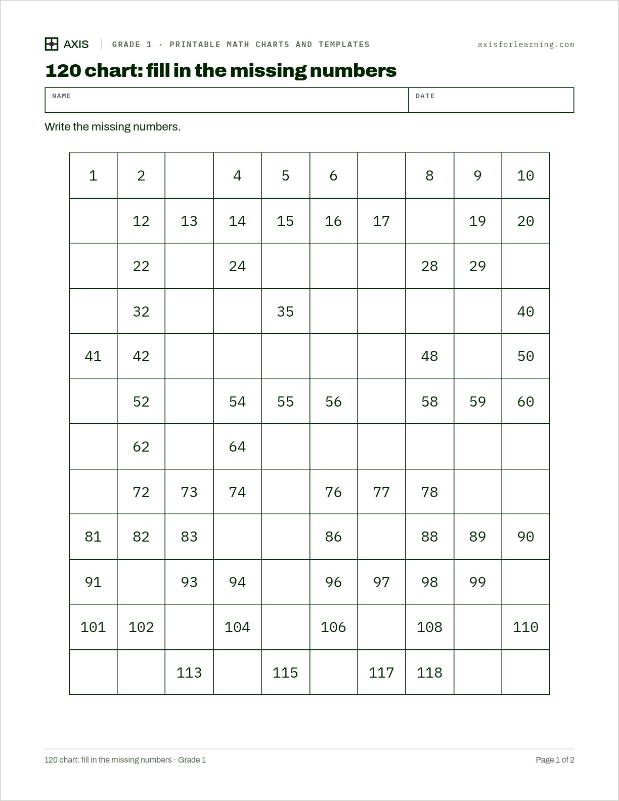 120 chart: fill in the missing numbers: first page of the printable worksheet