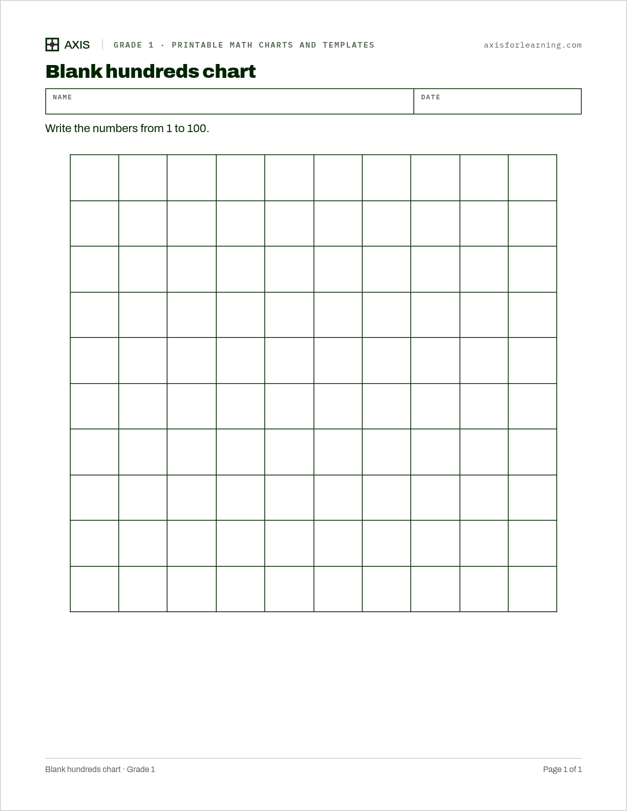 Blank hundreds chart: first page of the printable worksheet