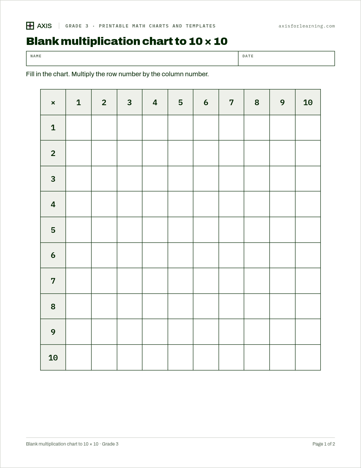Blank multiplication chart to 10 × 10: first page of the printable worksheet