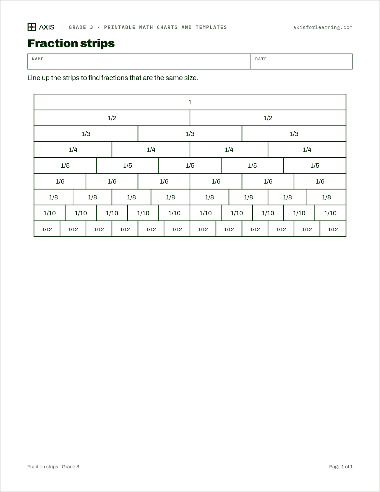 Fraction strips: first page of the printable worksheet