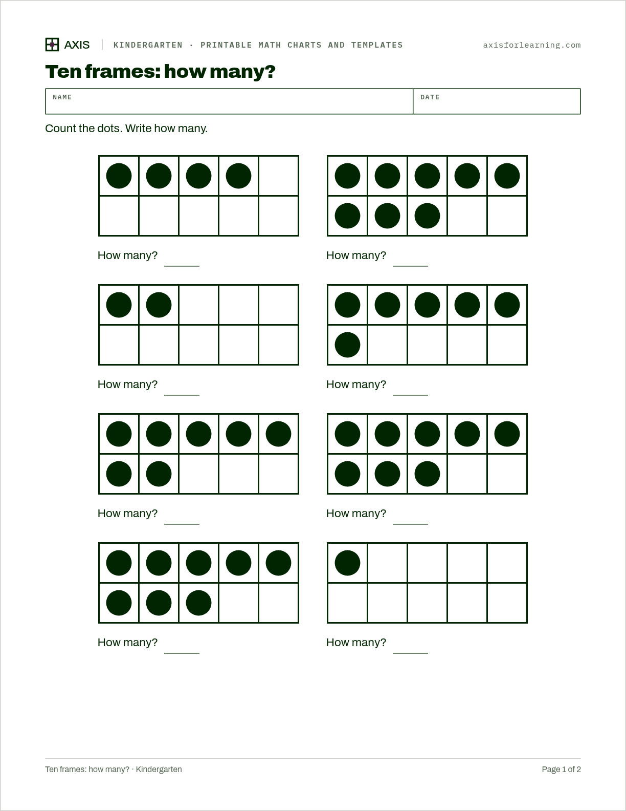 Ten frames: how many?: first page of the printable worksheet