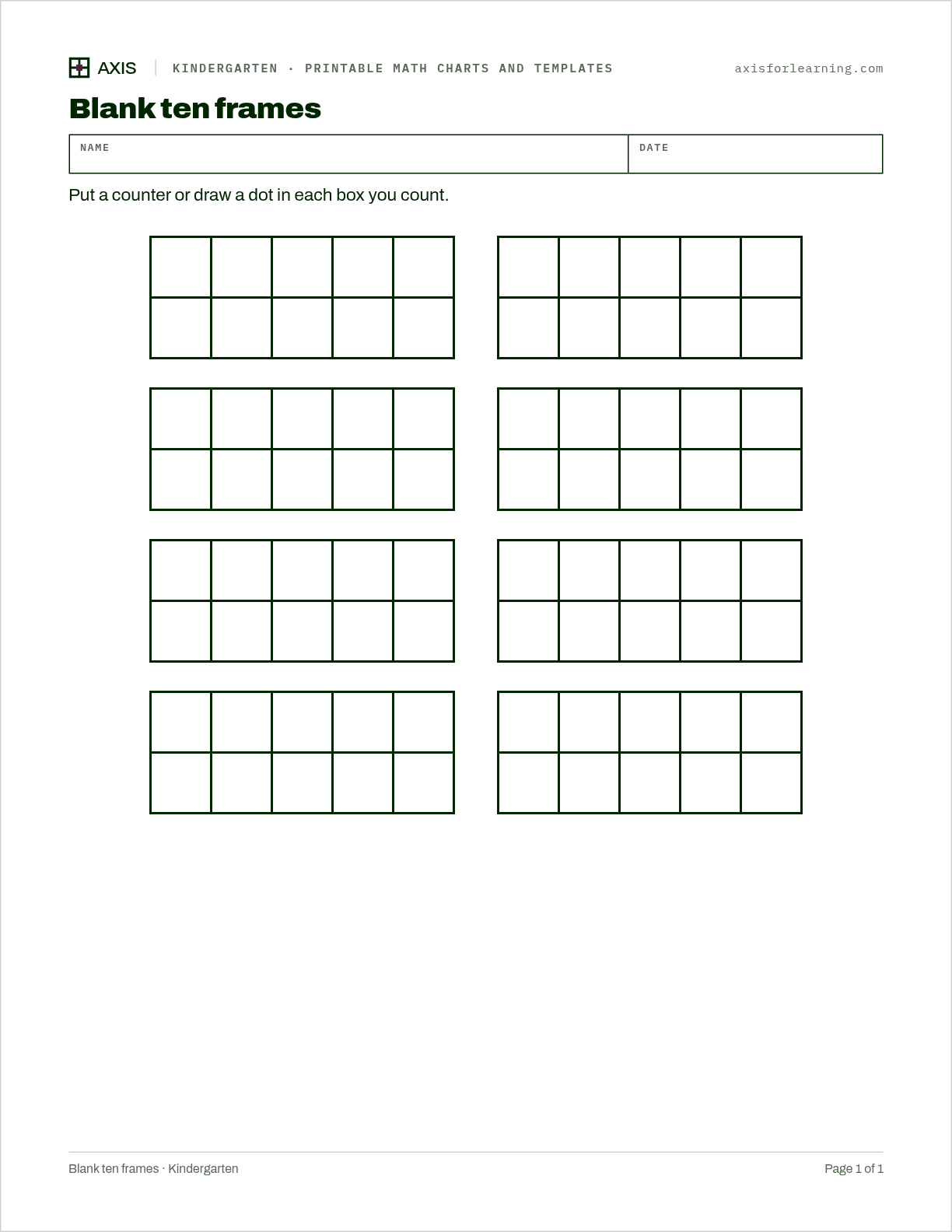 Blank ten frames: first page of the printable worksheet