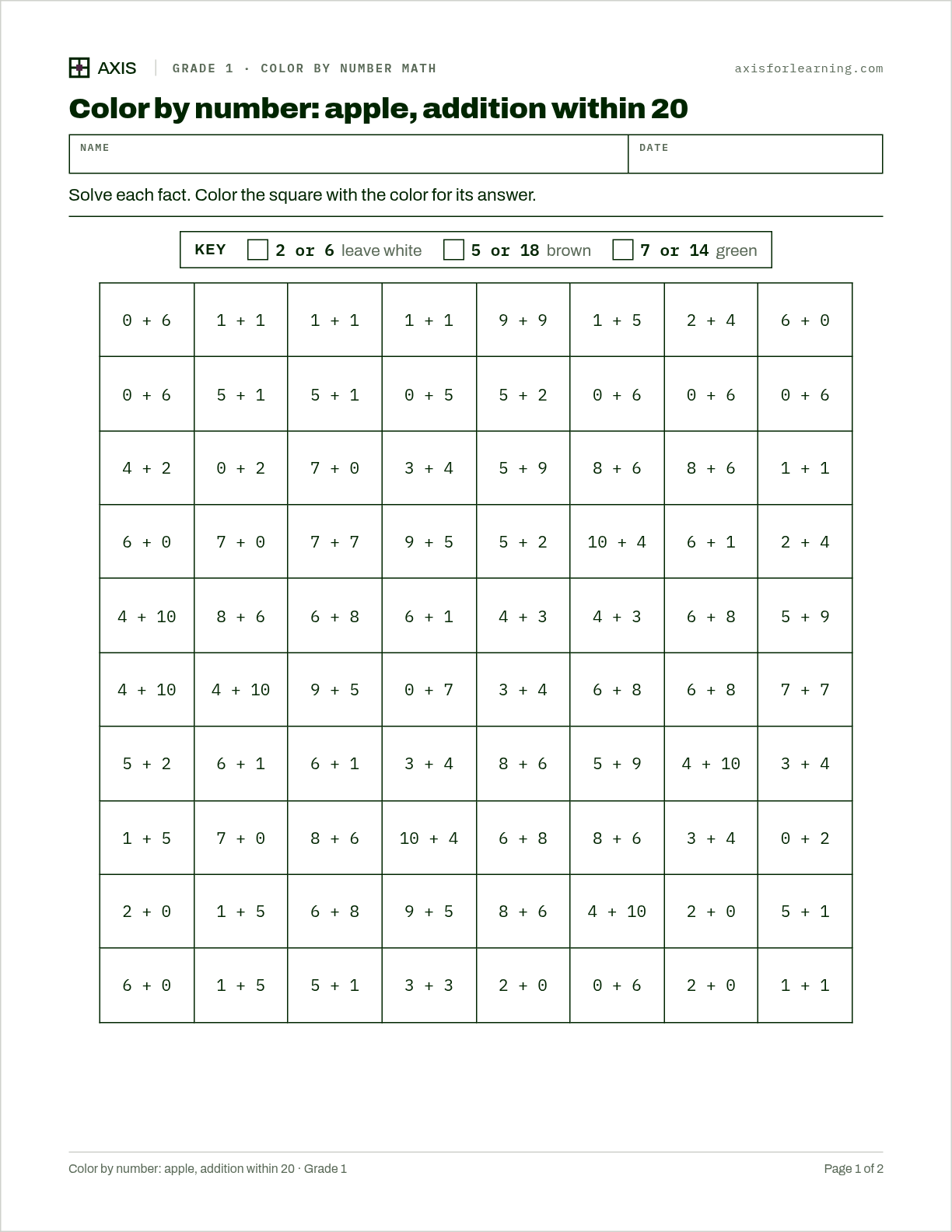 Color by number: apple, addition within 20: first page of the printable worksheet