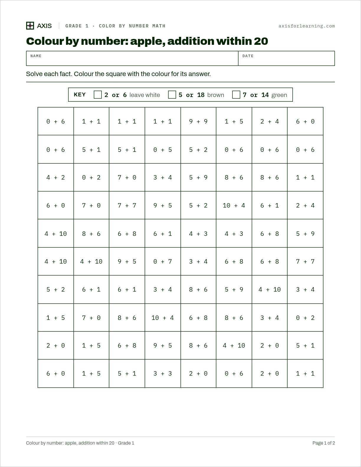 Colour by number: apple, addition within 20: first page of the printable worksheet