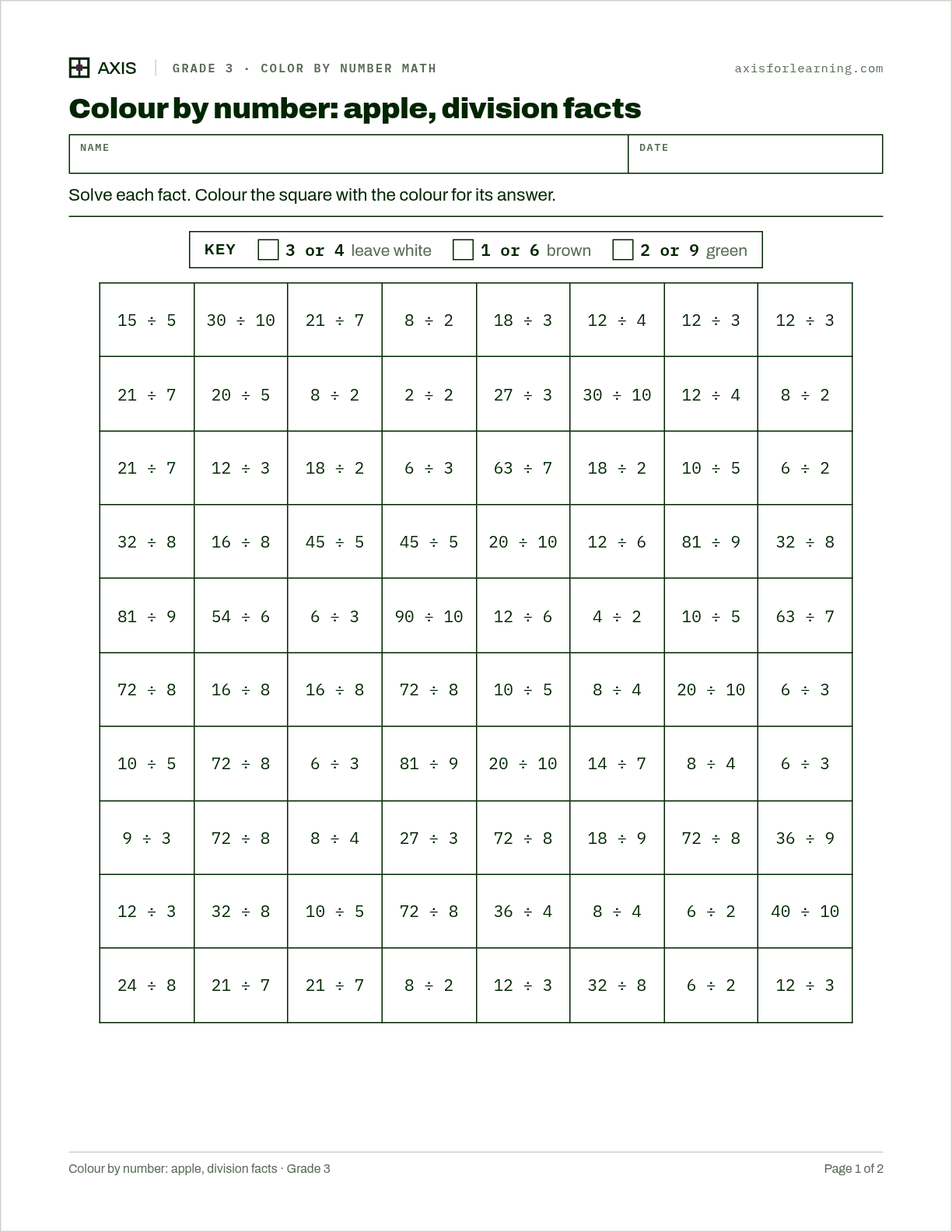 Colour by number: apple, division facts: first page of the printable worksheet