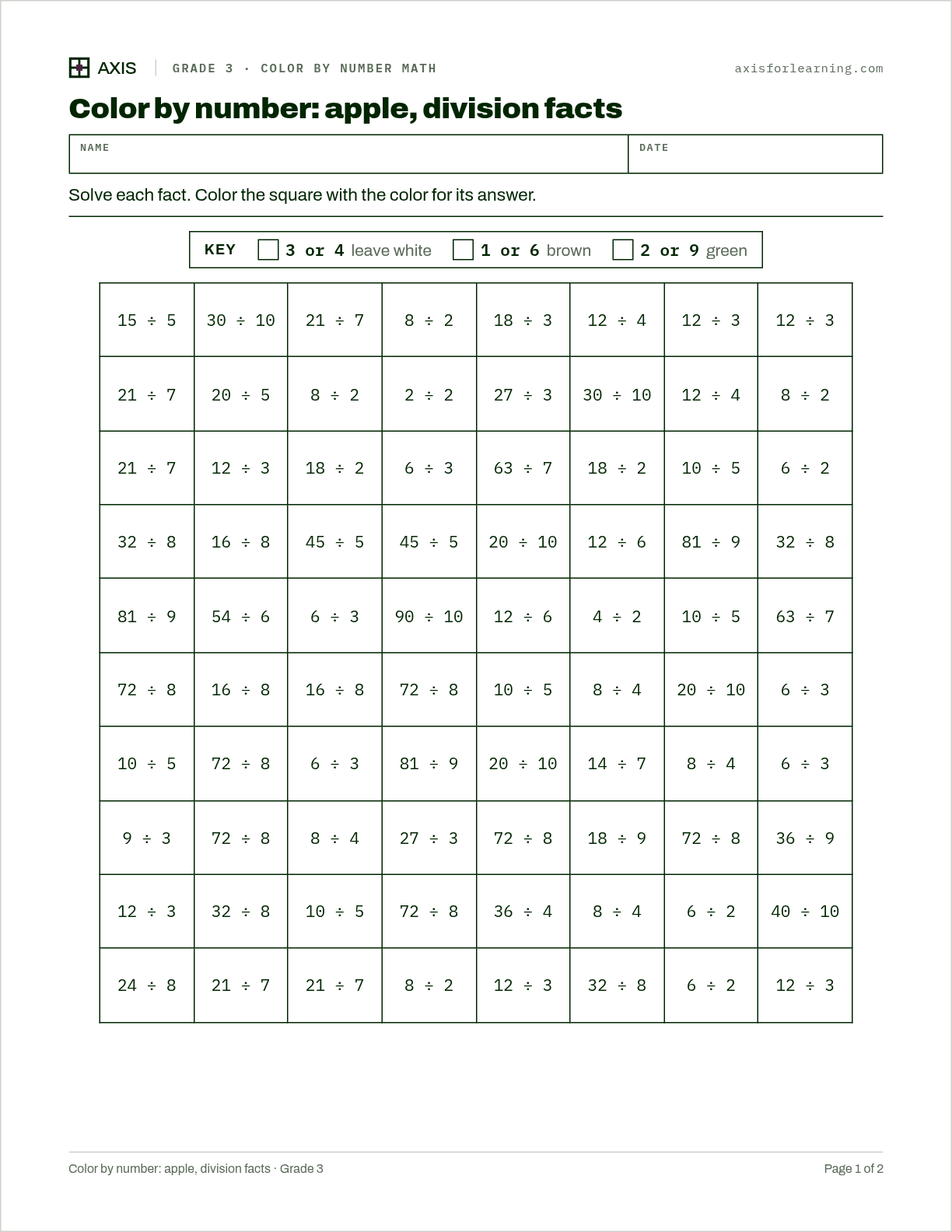 Color by number: apple, division facts: first page of the printable worksheet