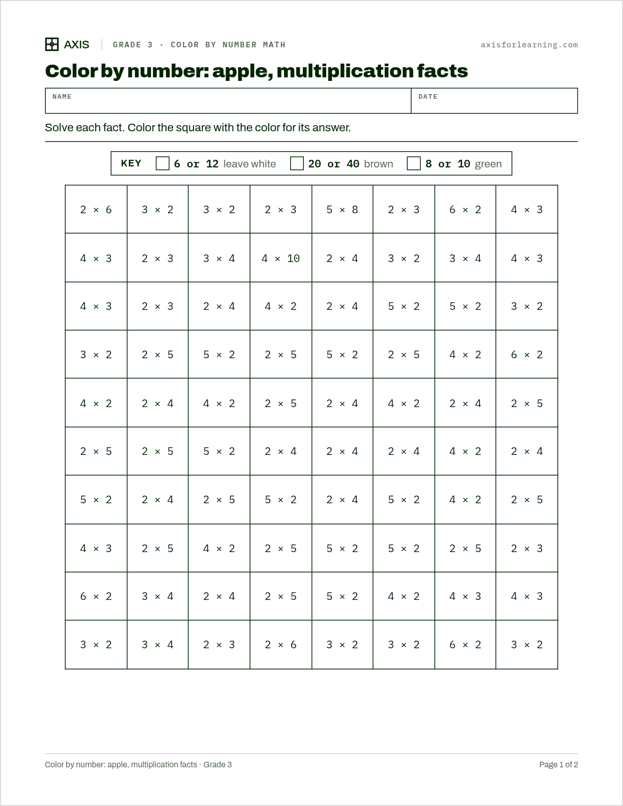 Color by number: apple, multiplication facts: first page of the printable worksheet