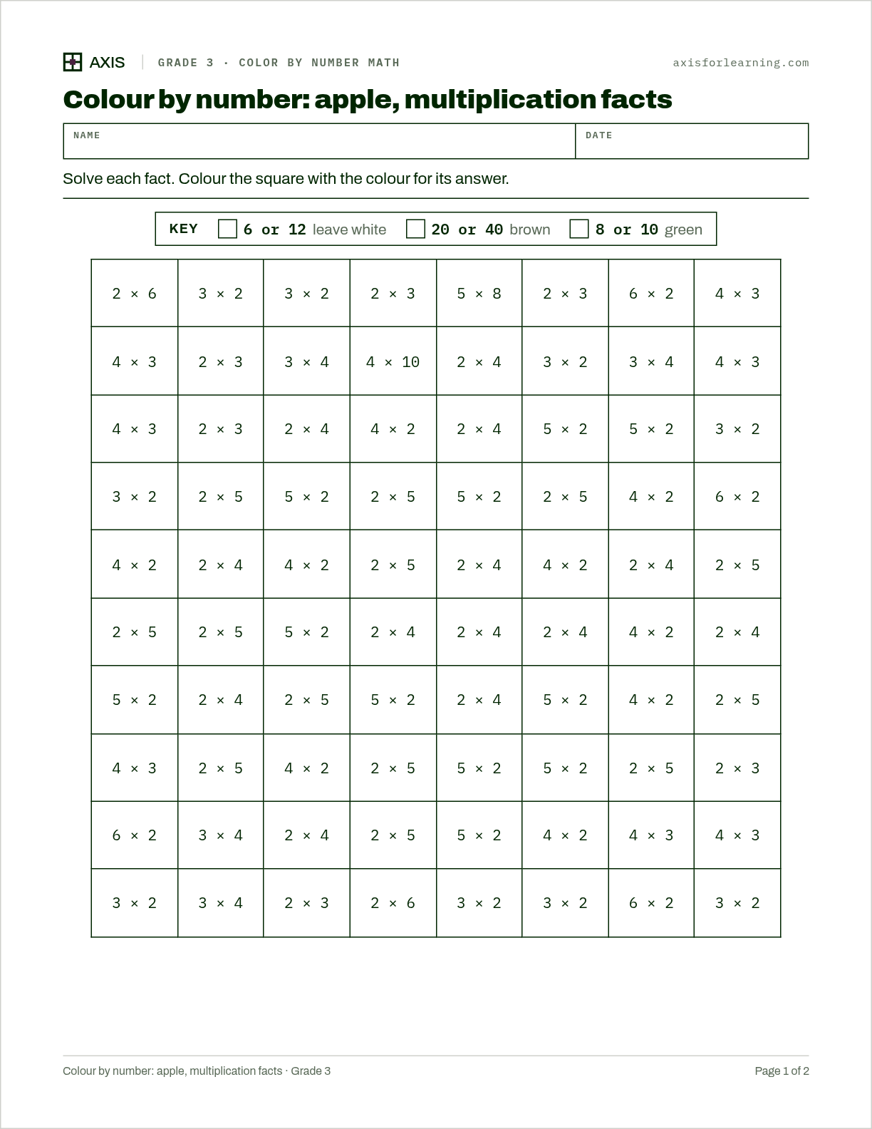 Colour by number: apple, multiplication facts: first page of the printable worksheet
