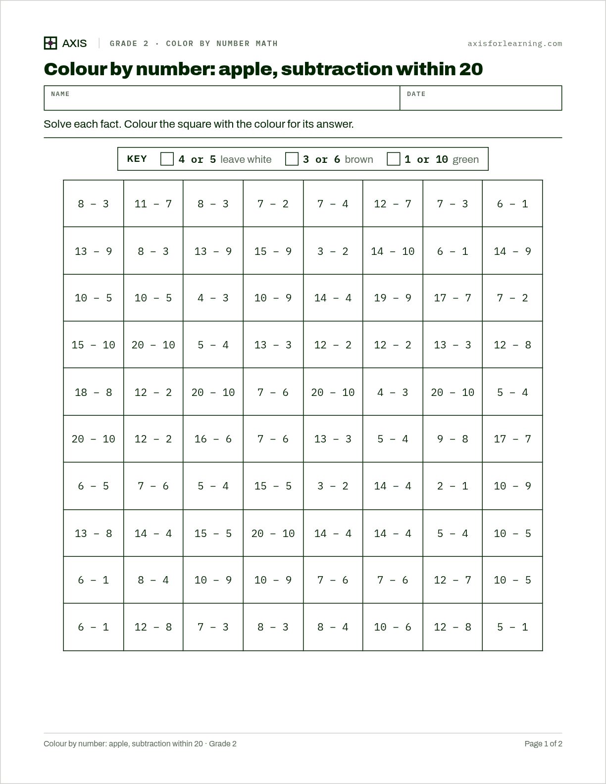Colour by number: apple, subtraction within 20: first page of the printable worksheet