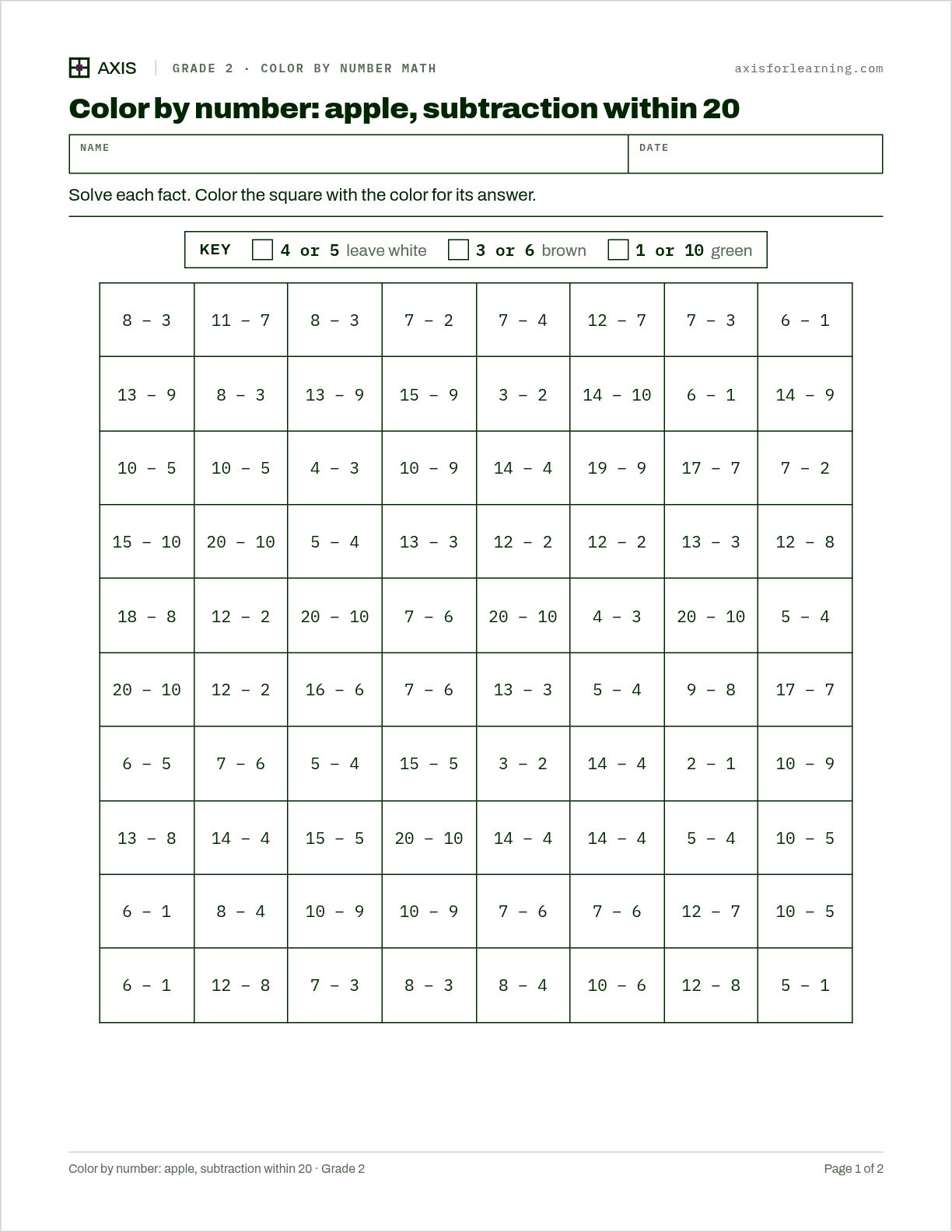 Color by number: apple, subtraction within 20: first page of the printable worksheet