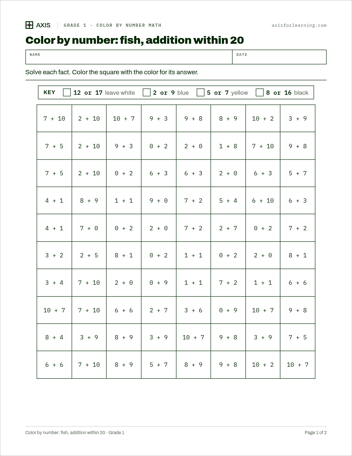 Color by number: fish, addition within 20: first page of the printable worksheet