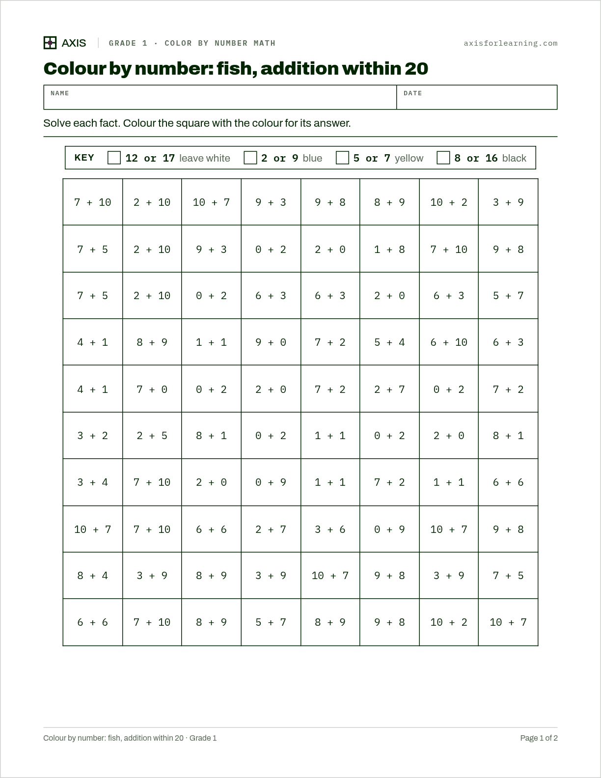 Colour by number: fish, addition within 20: first page of the printable worksheet