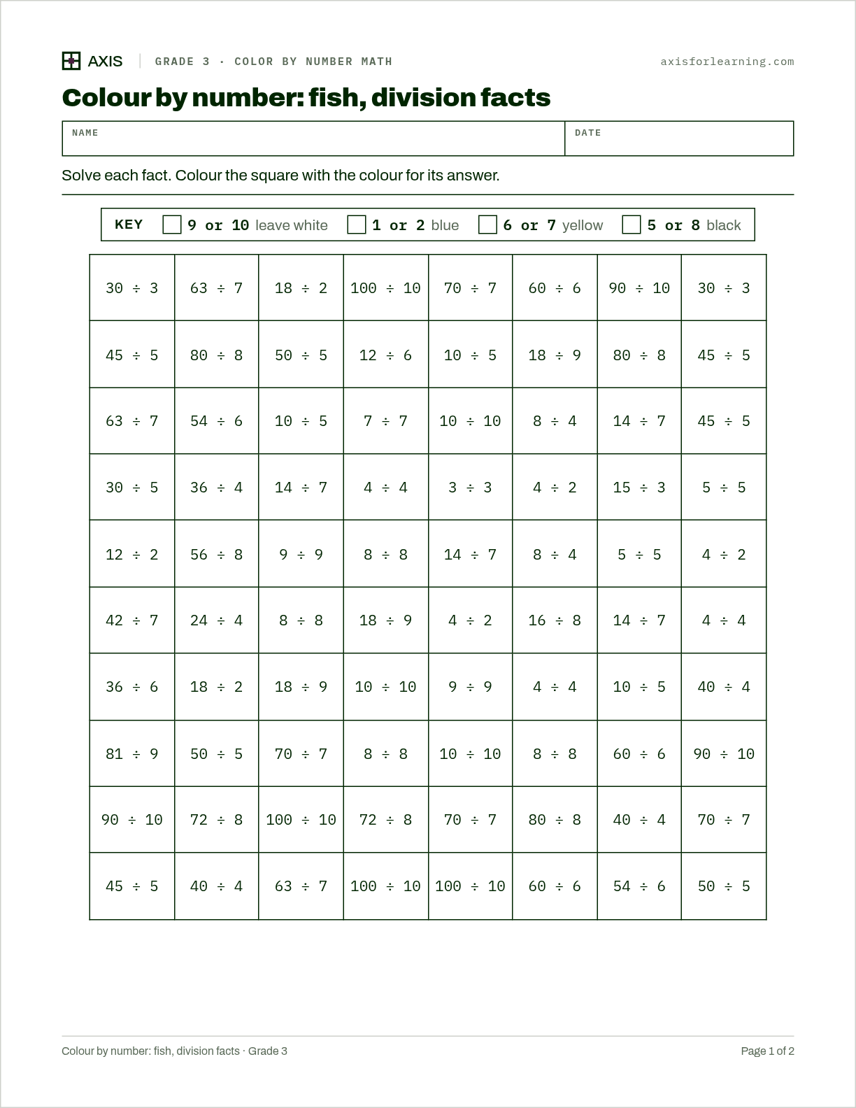 Colour by number: fish, division facts: first page of the printable worksheet