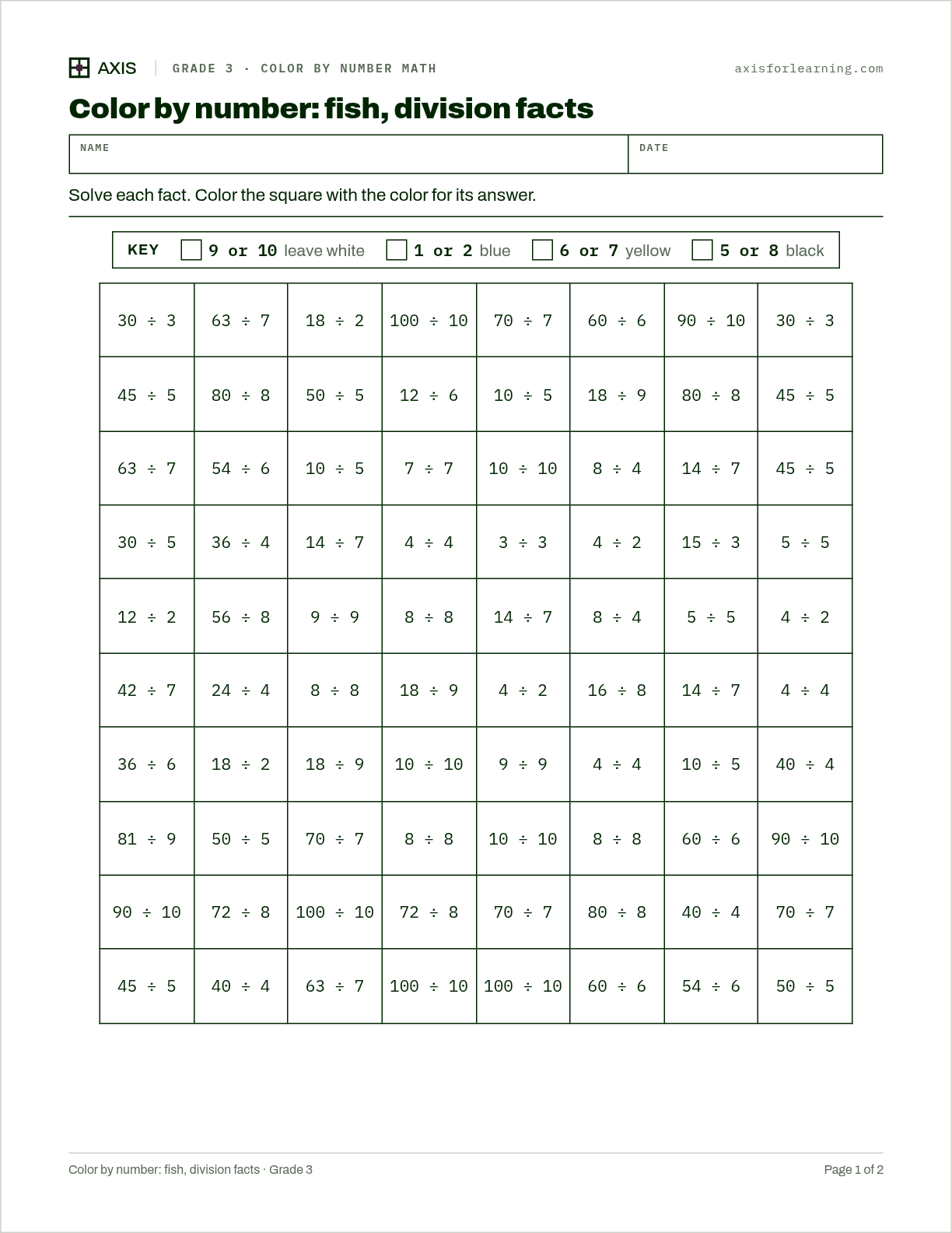 Color by number: fish, division facts: first page of the printable worksheet