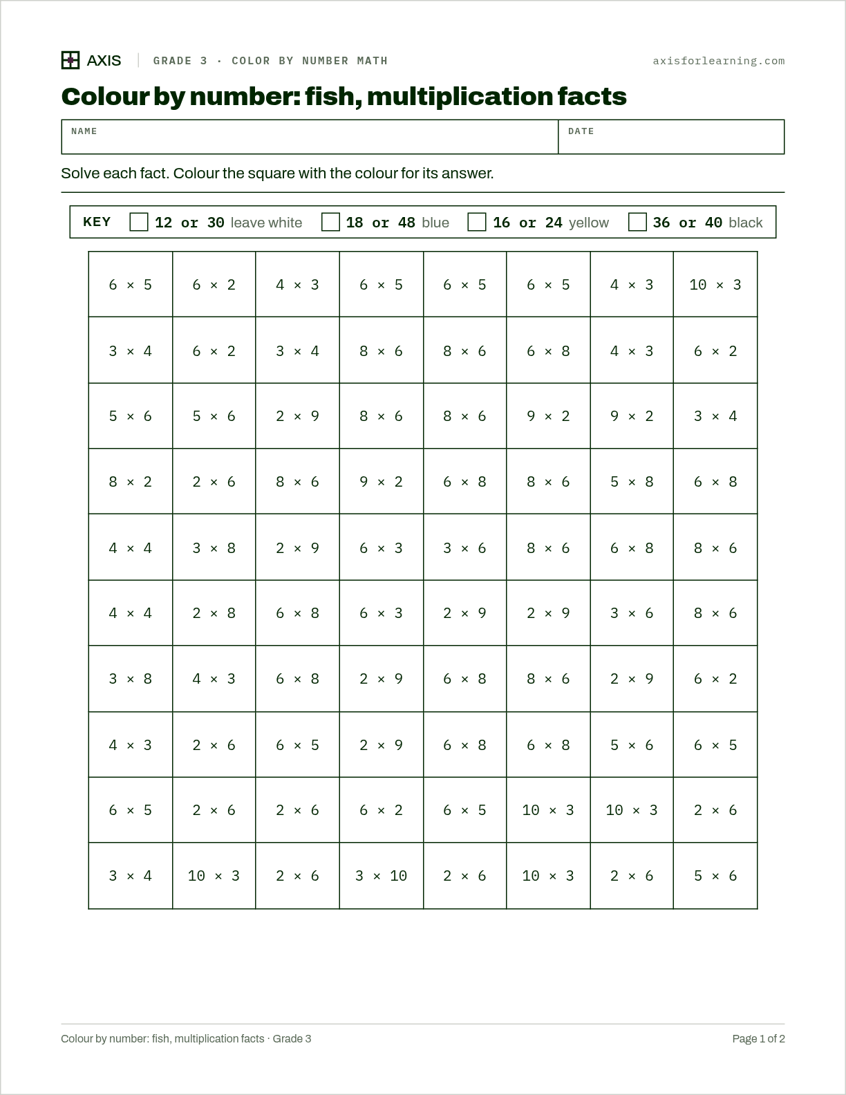 Colour by number: fish, multiplication facts: first page of the printable worksheet