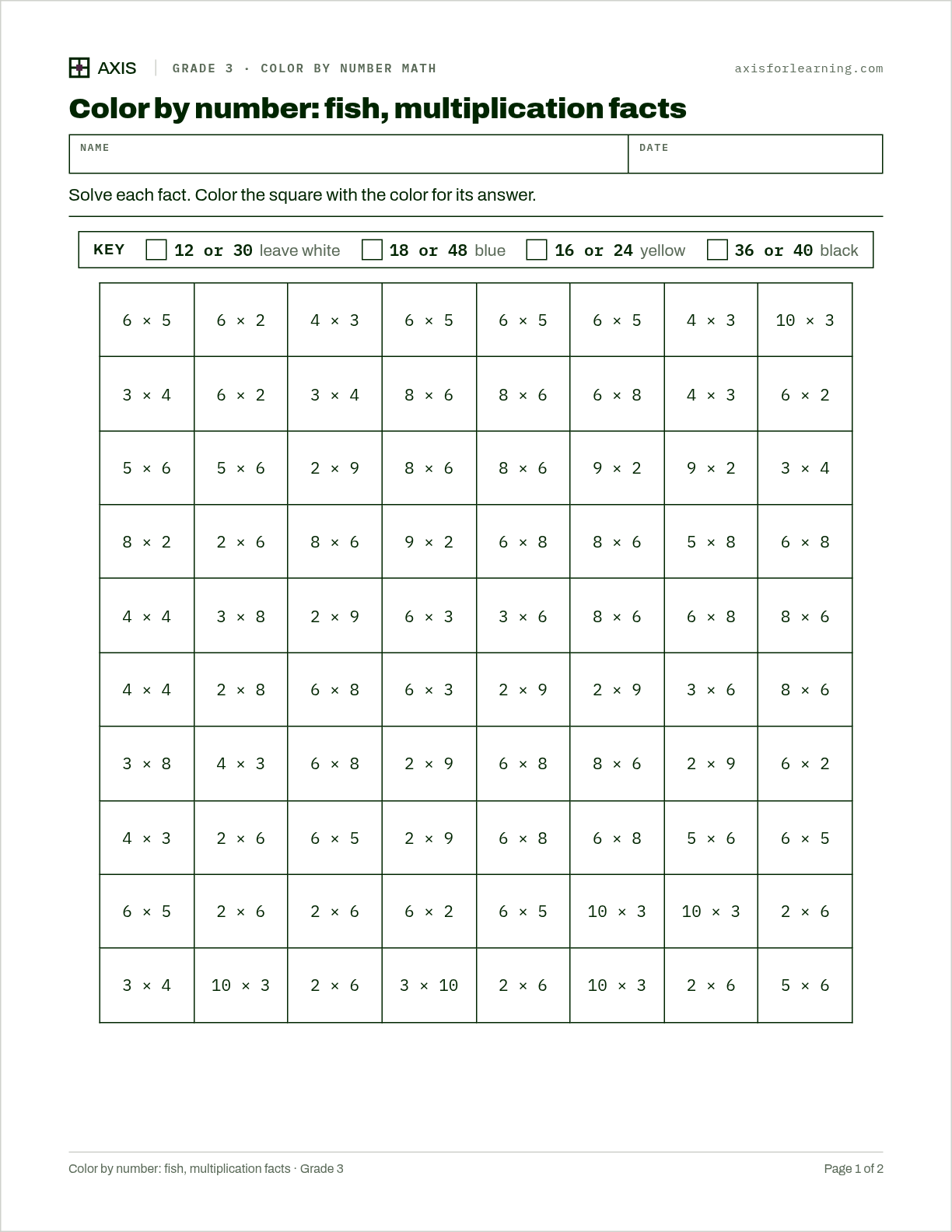 Color by number: fish, multiplication facts: first page of the printable worksheet