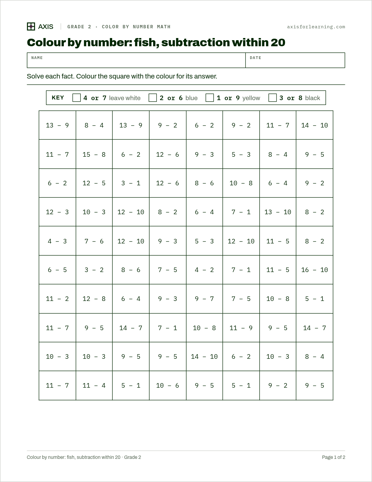 Colour by number: fish, subtraction within 20: first page of the printable worksheet