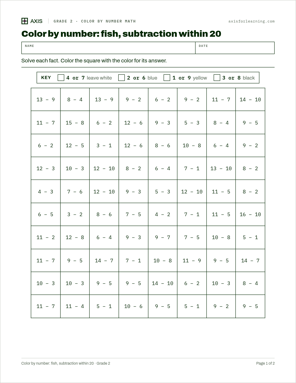 Color by number: fish, subtraction within 20: first page of the printable worksheet