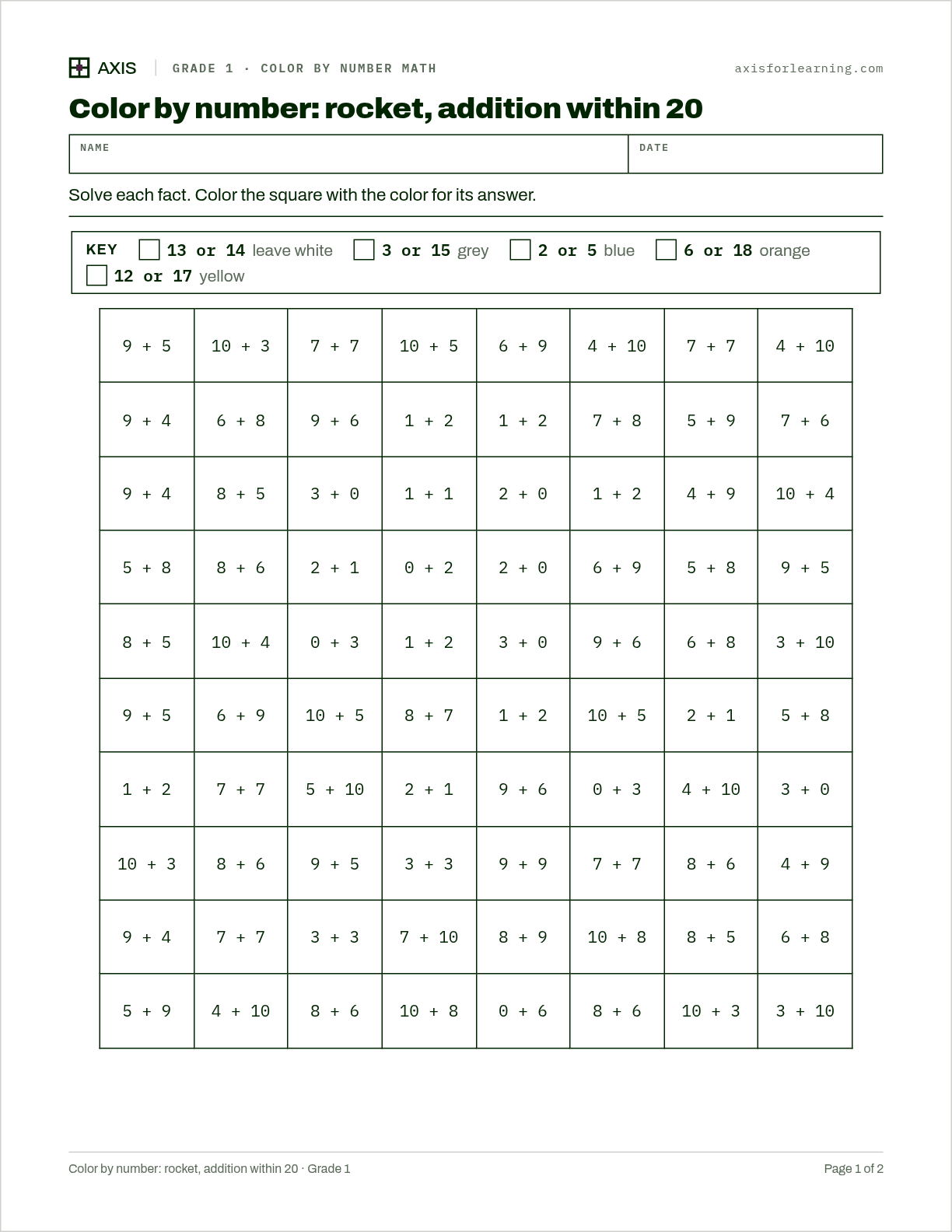 Color by number: rocket, addition within 20: first page of the printable worksheet
