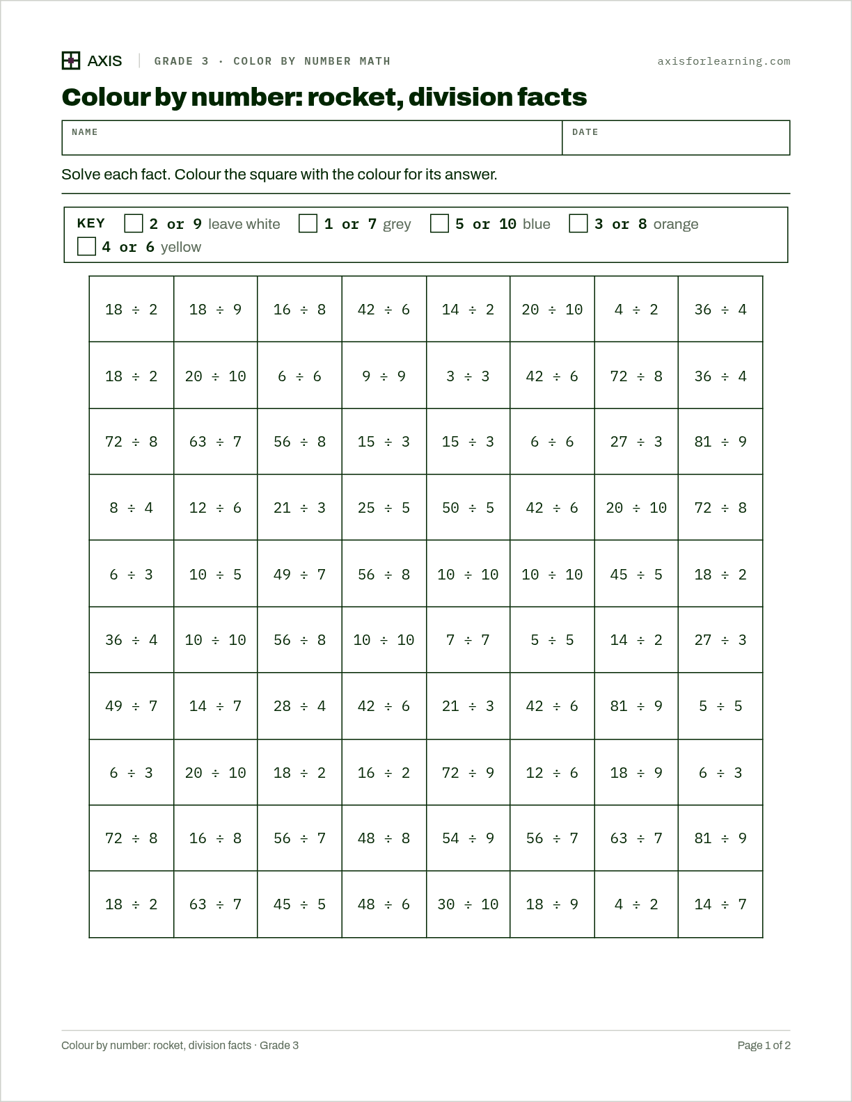 Colour by number: rocket, division facts: first page of the printable worksheet