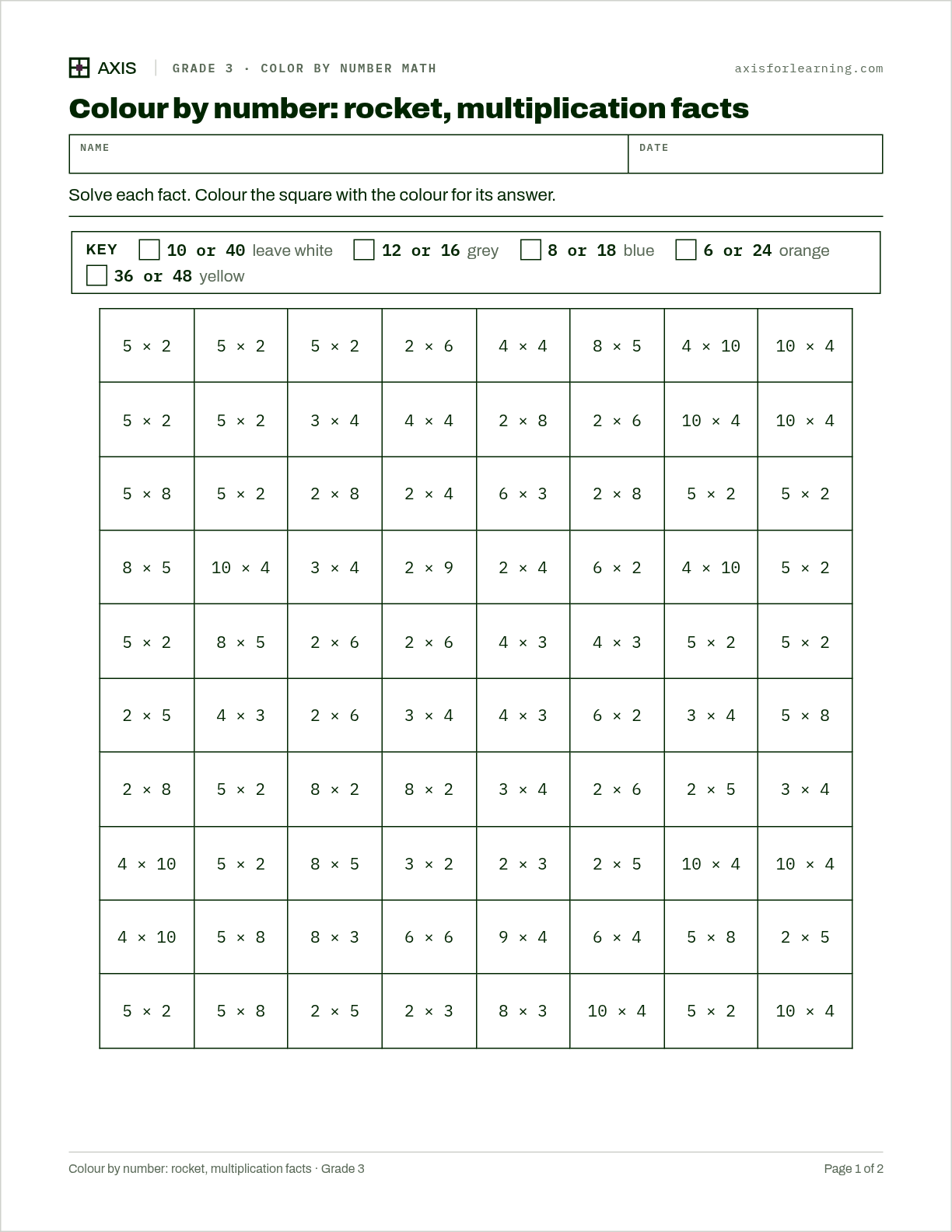 Colour by number: rocket, multiplication facts: first page of the printable worksheet