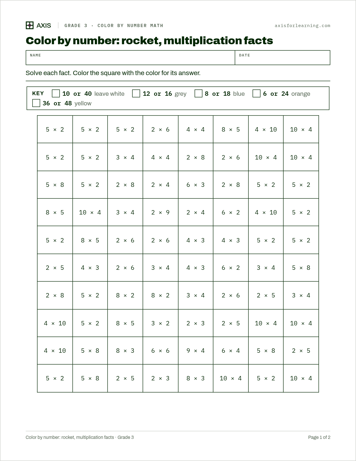 Color by number: rocket, multiplication facts: first page of the printable worksheet