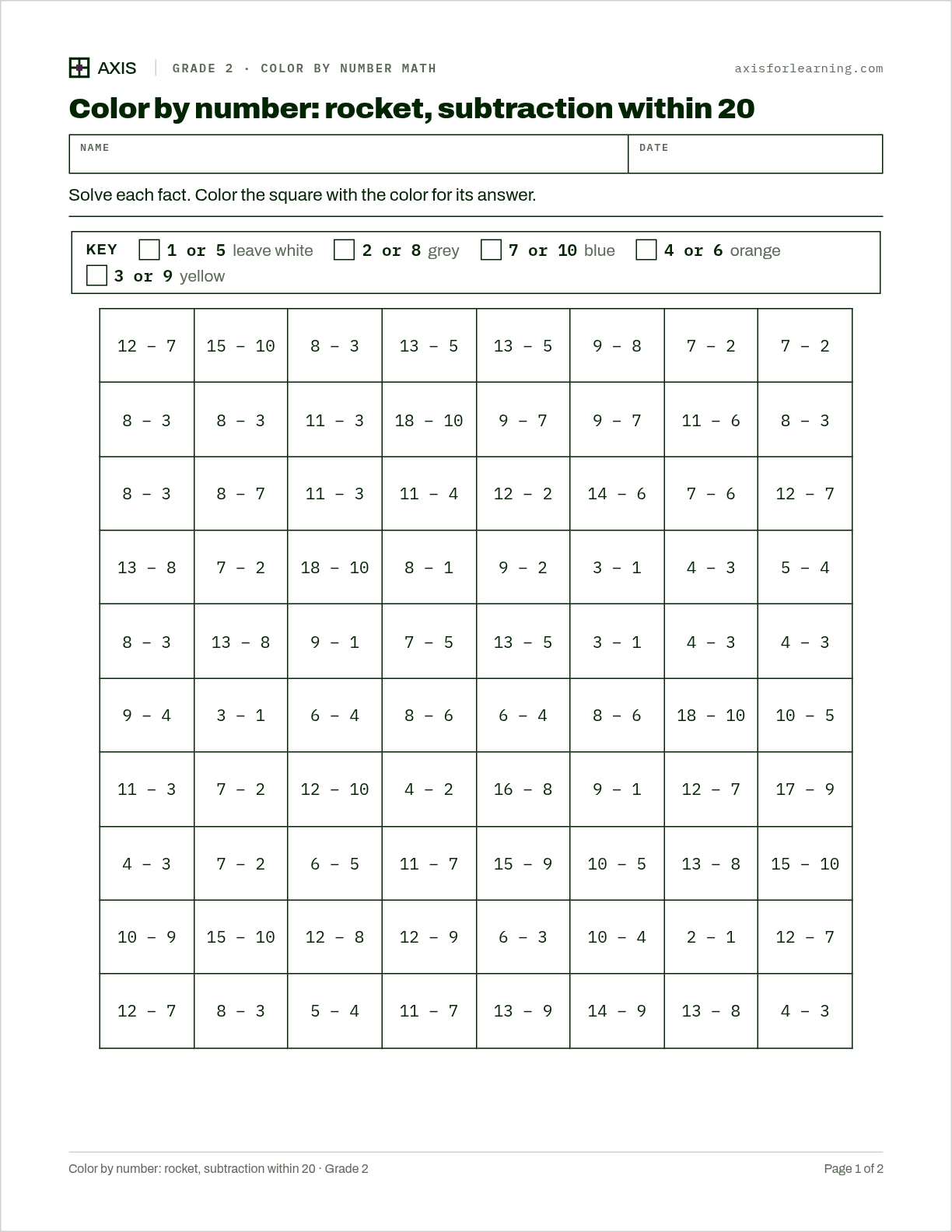 Color by number: rocket, subtraction within 20: first page of the printable worksheet