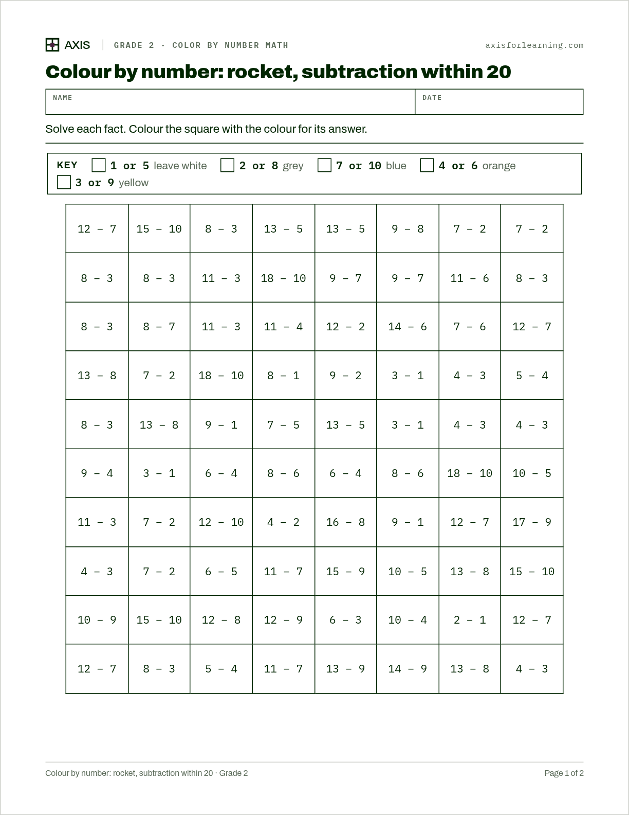 Colour by number: rocket, subtraction within 20: first page of the printable worksheet