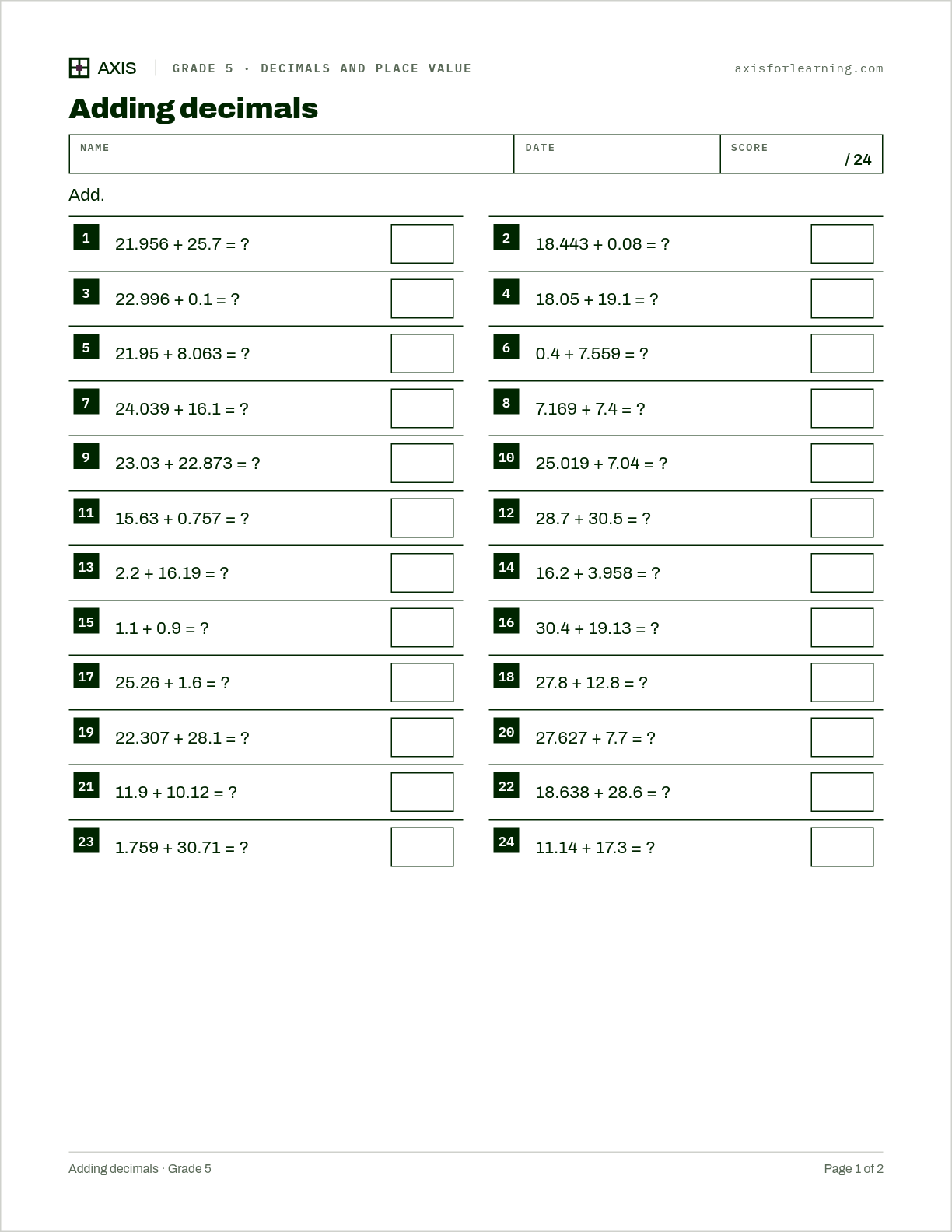 Adding decimals: first page of the printable worksheet