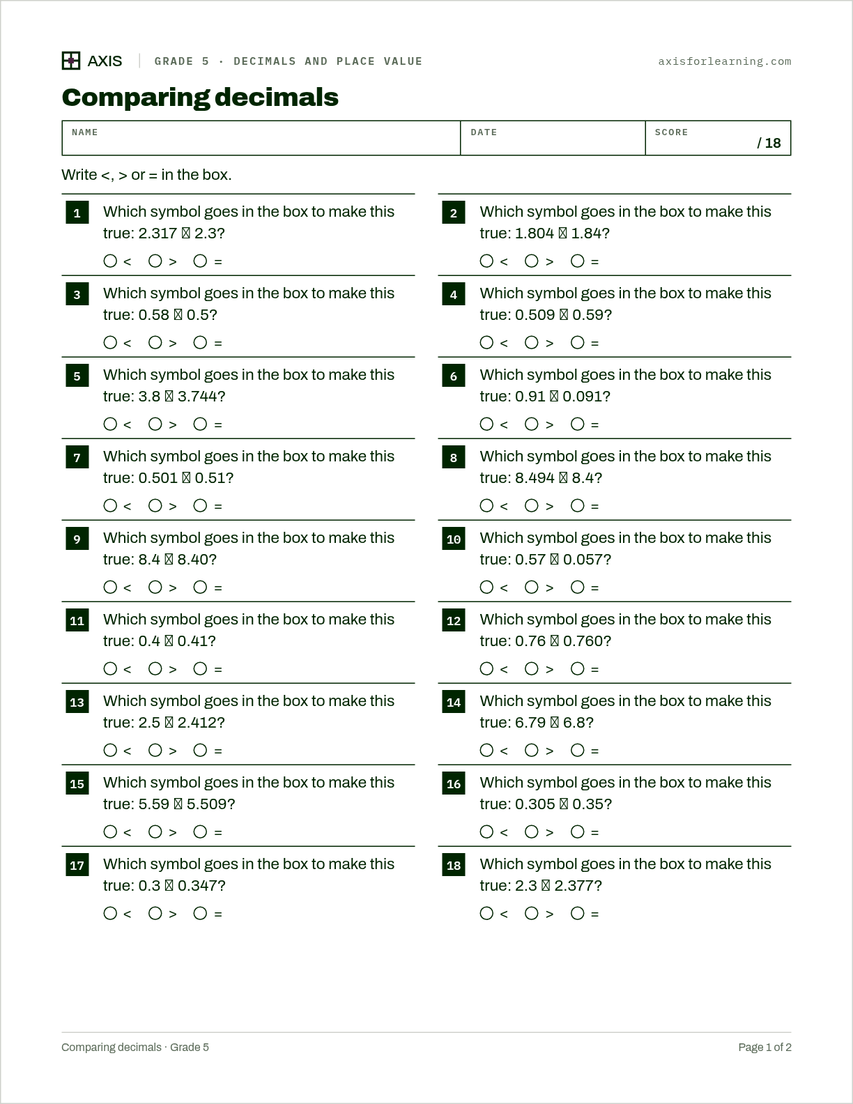 Comparing decimals: first page of the printable worksheet