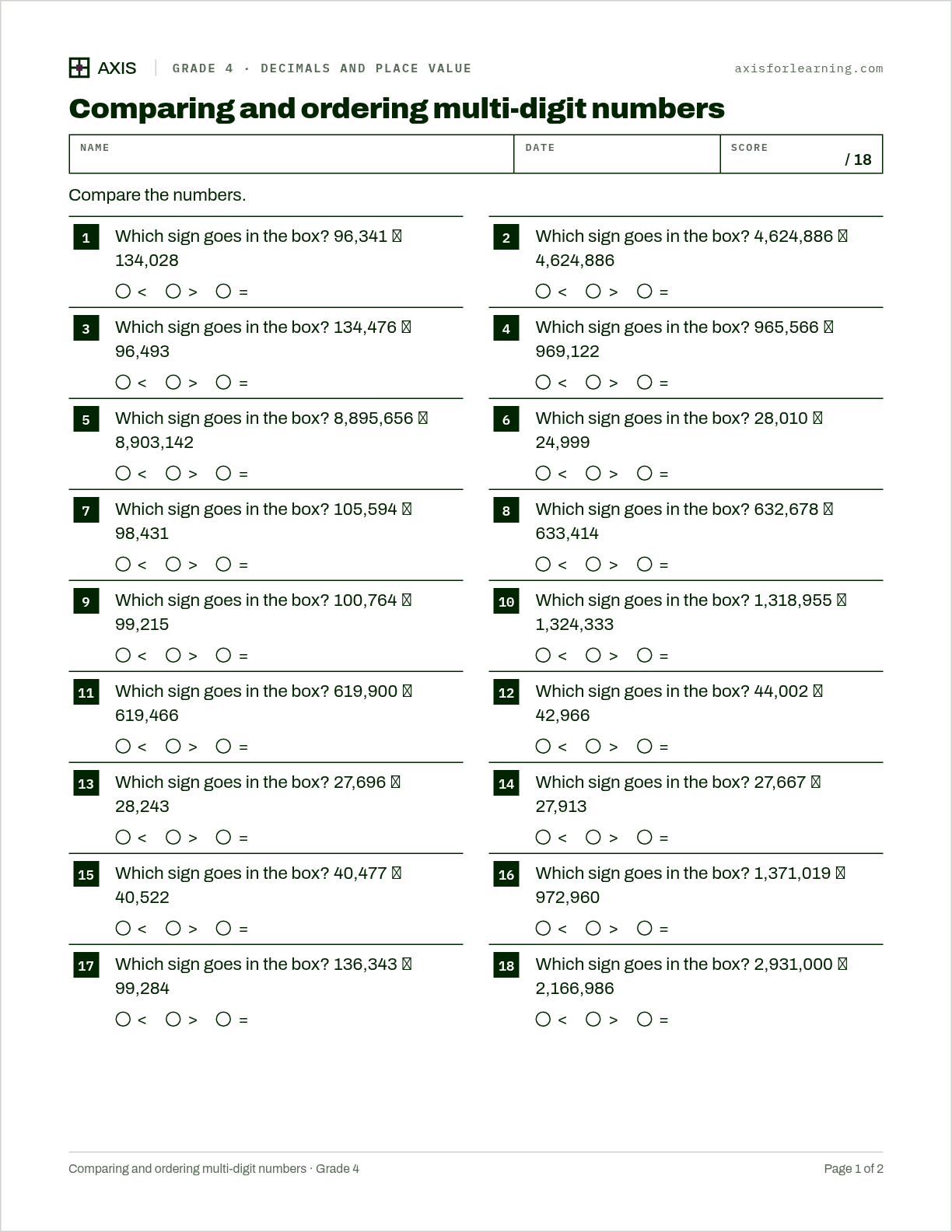 Comparing and ordering multi-digit numbers: first page of the printable worksheet